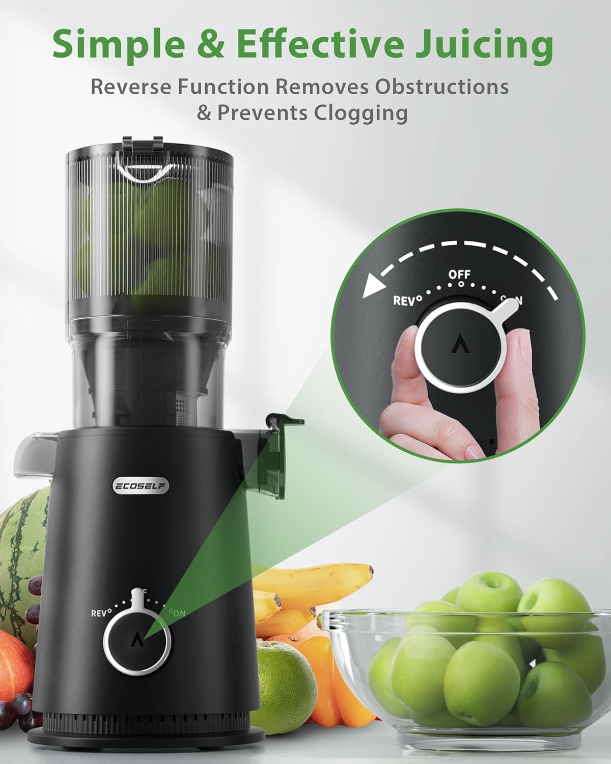 Juicer Machines, ECOSELF 4.35" Large Feed Chute for Family Needs, Professional Hands Free Cold Press Juicer For Whole Fruits & Vegetables, Self Feeding for Juice Extractor Machine, Easy to Clean