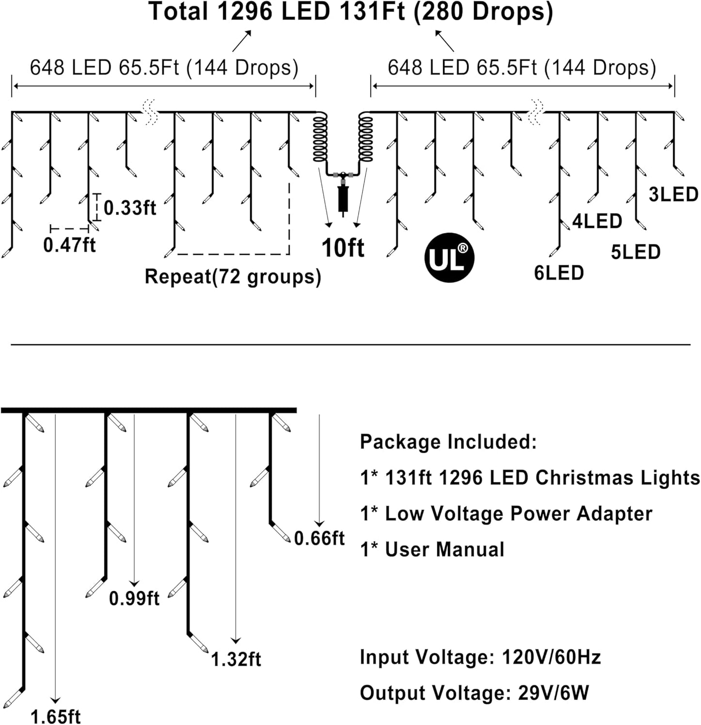 1296LED Christmas Lights with 288 Drops, 131ft 8 Modes Christmas String Lights Outdoor, Waterproof Christmas Decorations Fairy Lights with Timer Memory for Xmas Party Patio Fence Tree Cool White