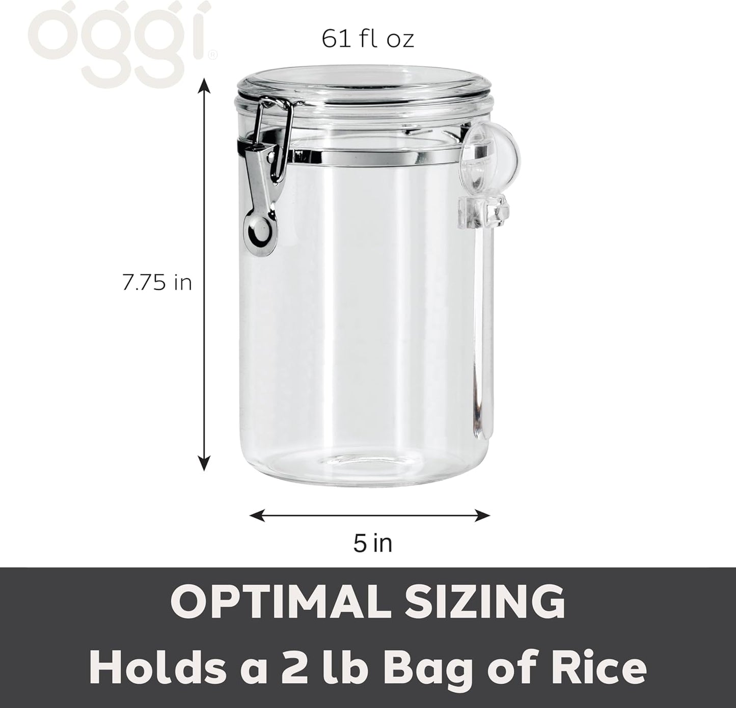 OGGI Clear Canister Airtight 61oz - Clamp Lid & Spoon - Airtight Food Storage Containers, Ideal for Kitchen & Pantry Storage of Bulk, Dry Food Including Flour, Sugar, Coffee, Rice, Tea, Spices & Herbs
