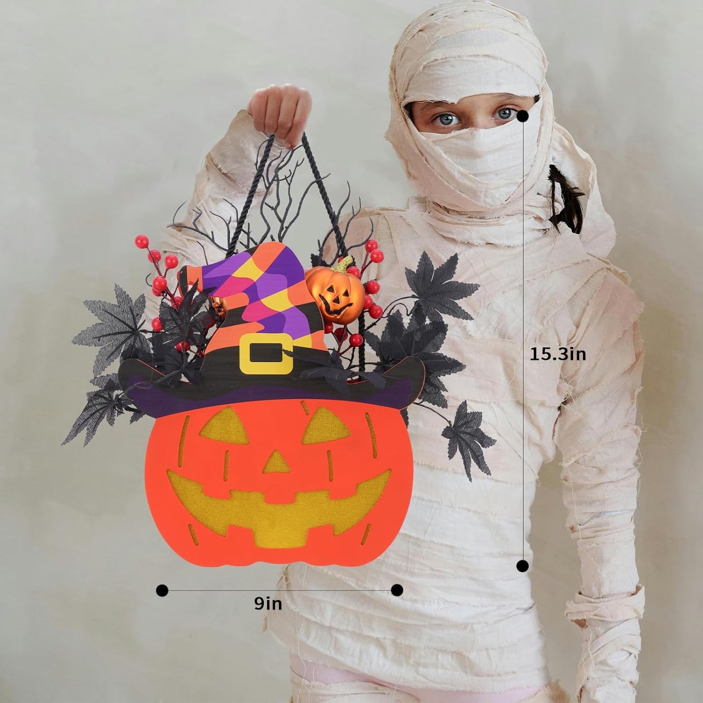 Halloween Pumpkin Decorations, Lighted Jack-O-Lantern with Maple Leaves Berries Witch's Hat, Halloween Wreaths Door Sign Wood Pumpkin for Front Door Indoor Outdoor Yard Party Cartoon Hanger Decor