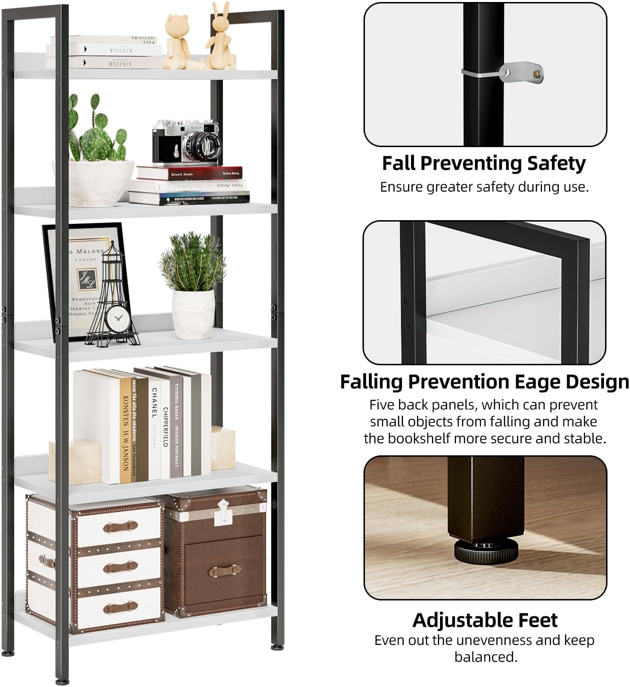 NUMENN Bookshelf, 5 Tier Bookshelves, Home Office Bookcase Shelf Storage Organizer, Free Standing Storage Shelving Unit for Bedroom, Living Room and Home Office, White&Black