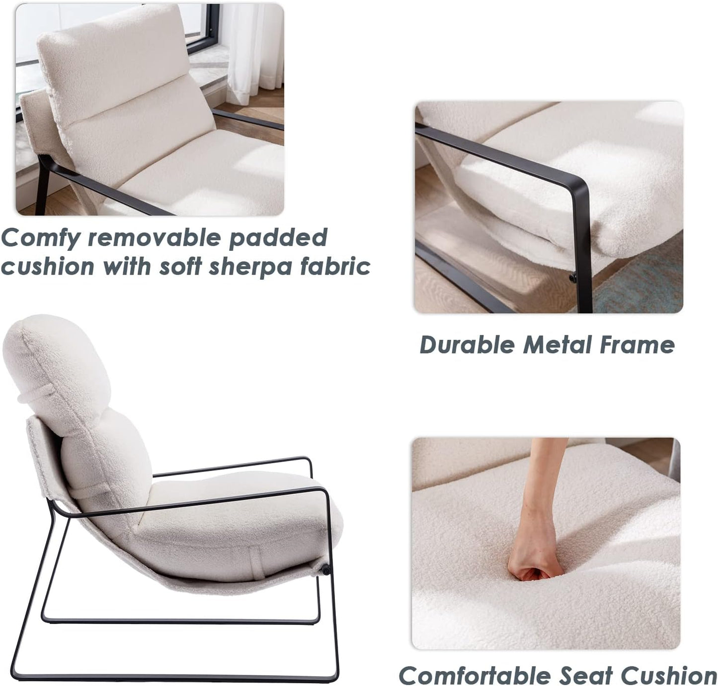 DUOMAY Modern White Sherpa Accent Chair Set of 2, Comfy Lounge Lazy Chair with Metal Leg, Mid-Century Corner Arm Chair for Living Room Bedroom Office Apartment