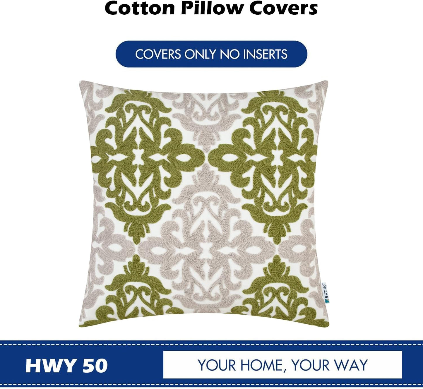 HWY 50 Green Decorative Throw Pillow Covers 18x18 Inch (1 Piece), Embroidered Cotton Farmhouse Cushion Cover Pillow Case for Sofa Couch Living Room Bed Bedroon, Floral Geometric