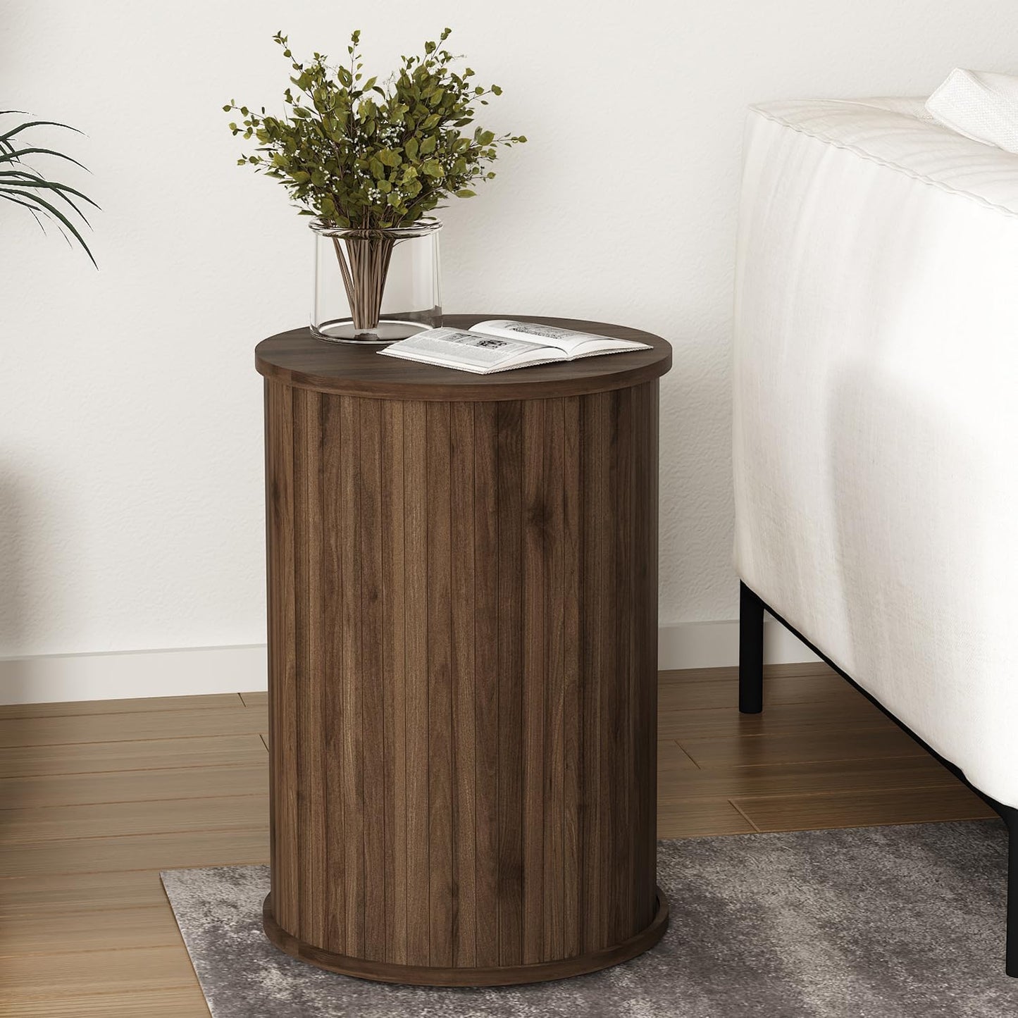 Round Fluted End Table for Living Room, Modern Wooden Sofa Couch Side Table for Small Spaces, 21.9" H Nightstand Set of 2 for Bedroom (Walnut)