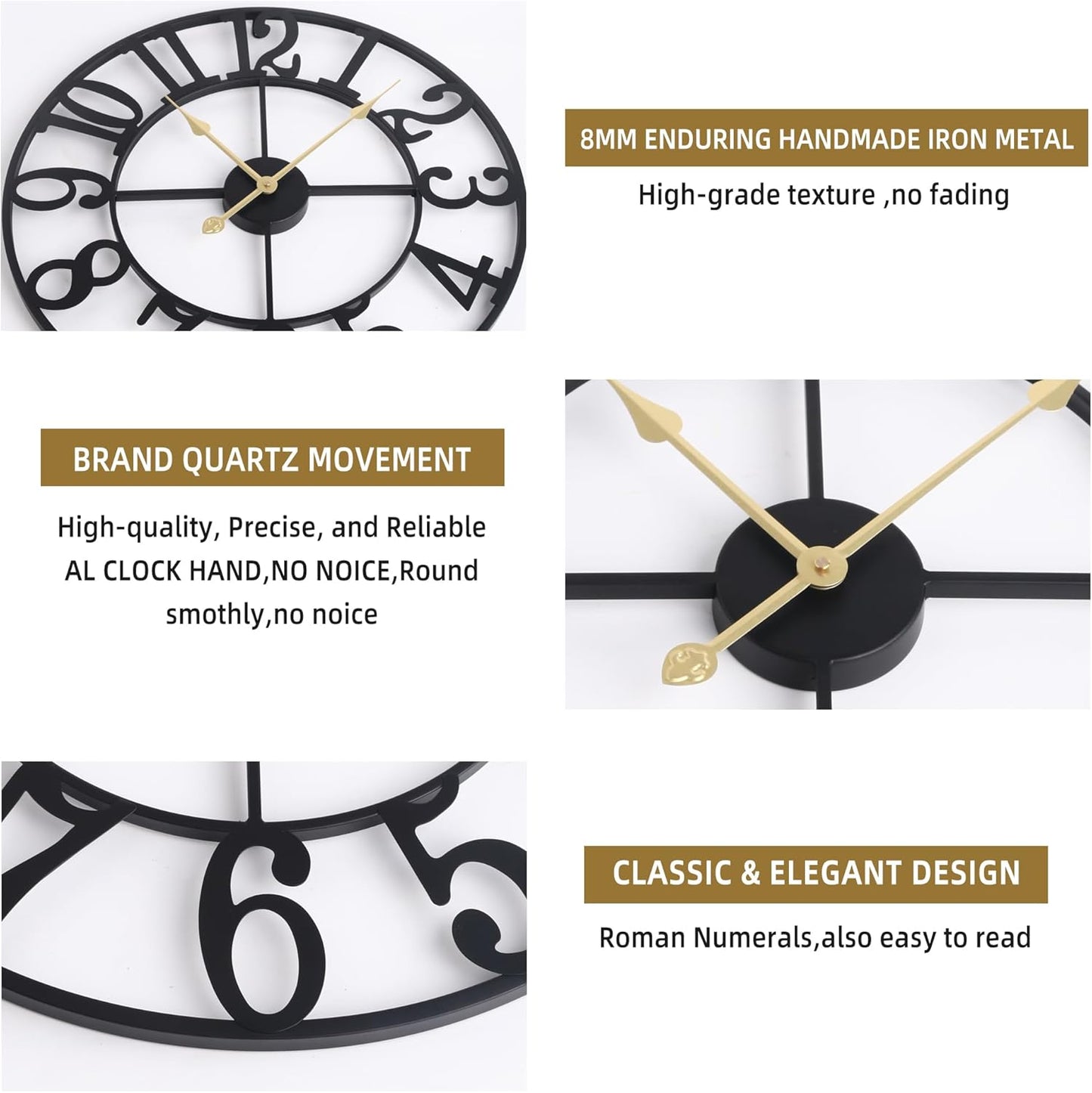 Large Wall Clock for Living Room Decor - 47cm/ 18 Inches Silent Non-Ticking Metal Wall Clocks Battery Operated, Vintage Decorative Modern Wall Clock for Bedroom, Office, Farmhouse Decor