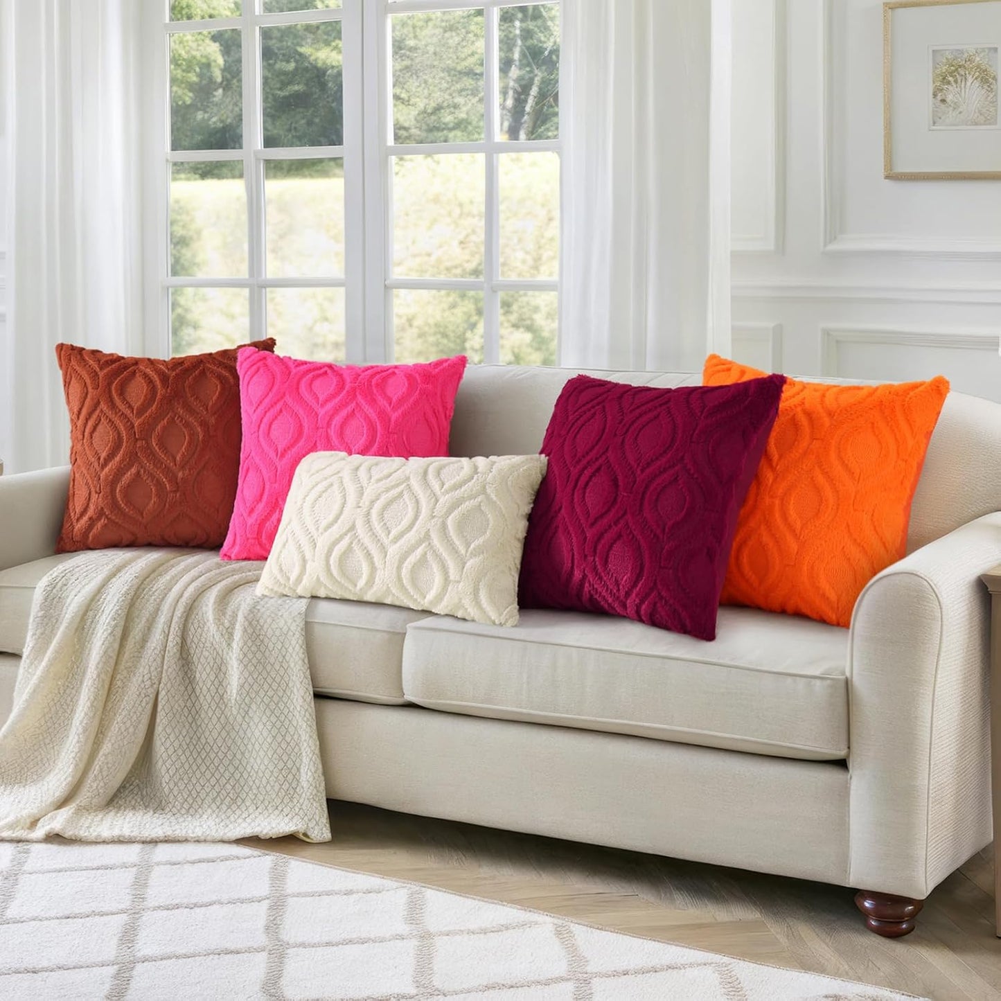 decorUhome Fall Throw Pillow Covers 22x22 Inch Set of 2, Soft Plush Decorative Faux Fur Hot Pink Solid Couch Pillow Covers, Accent Farmhouse Neutral Square Euro Pillow Cases for Sofa Bed Living Room