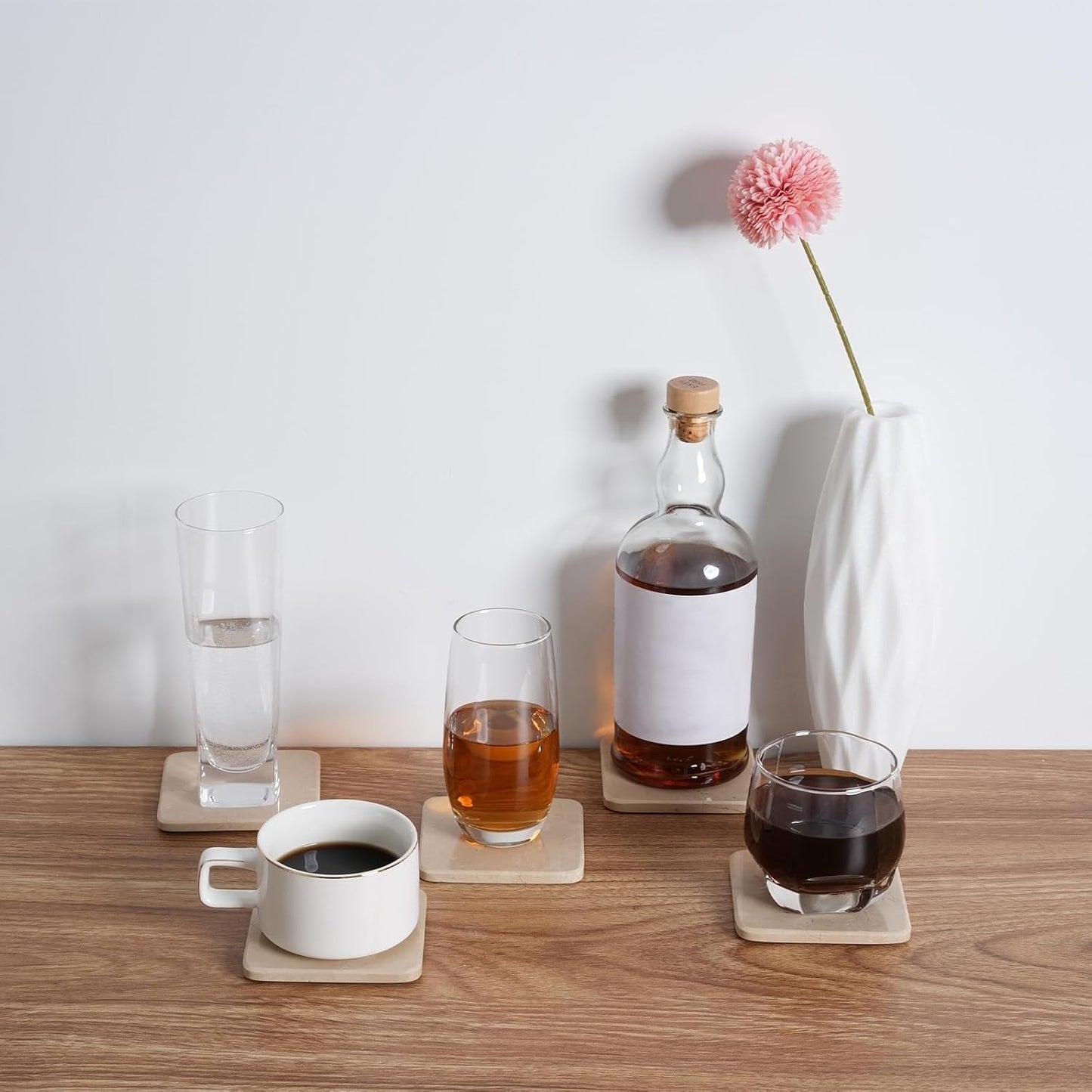 BCS Marble Coasters Set of 5 with Holder, Square Stone Drink Coasters for Coffee, Wine and Cocktails, Non-Slip Durable Cup Mats, Elegant Home, Bar & Kitchen Table Decor (Crema Beige)