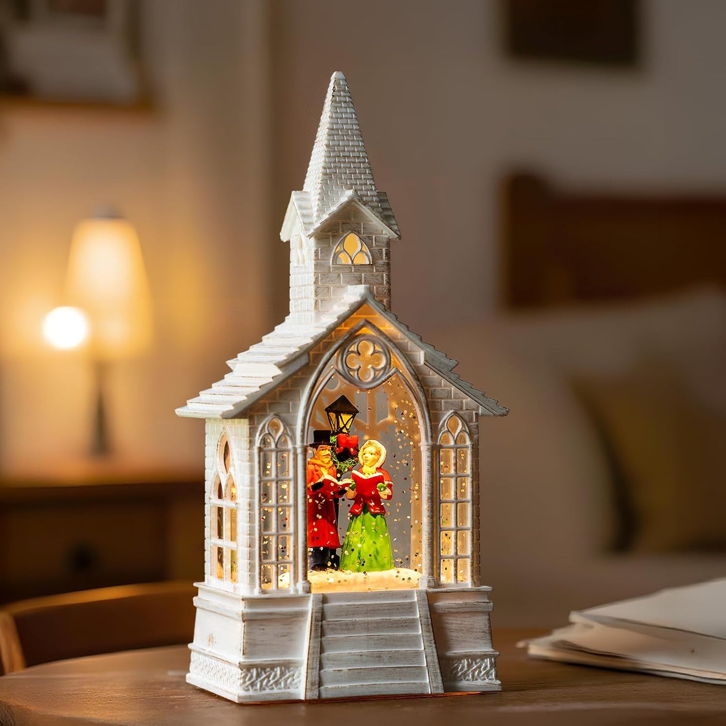 Christmas Snow Globe Lantern Musical Carolers Lighted Water Church, USB Lined/Battery Operated Lighted Lantern for Christmas Festival Decoration Gifts