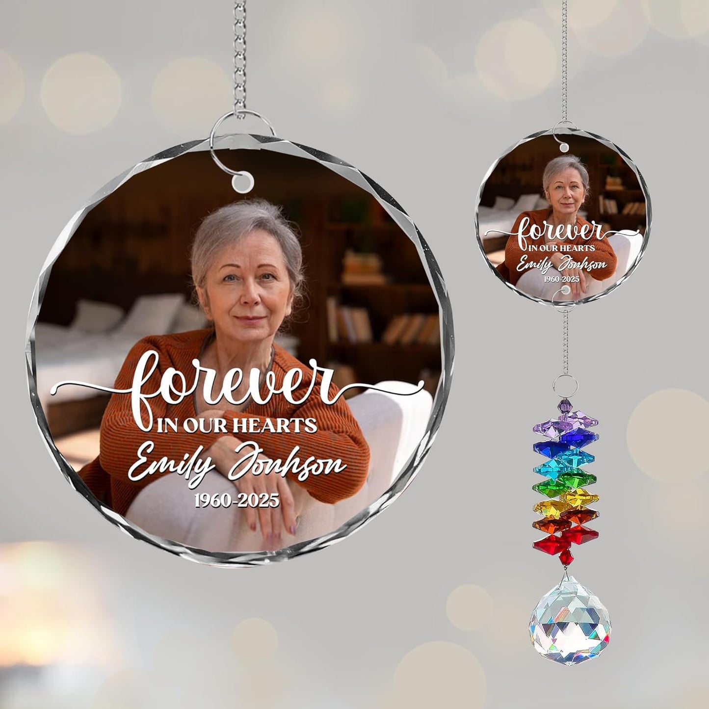 Personalized Memorial Suncatcher Ornament with Photo โ Custom Glass Ornament with โForever in Our Heartsโ Quote โ in Loving Memory Rainbow Crystal Keepsake โ Loss of Loved One