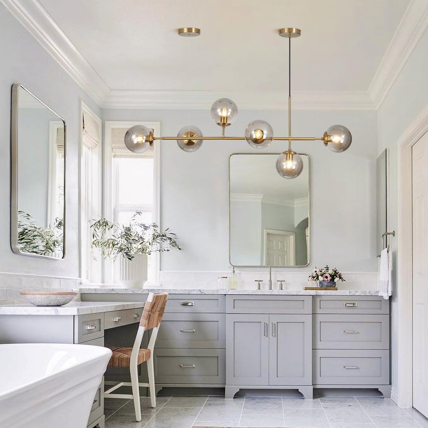 KCO Lighting 6-Light Modern Globe Sputnik Chandelier Brass Gold Linear Pendant Chandelier Lighting Smoke Glass Dining Room Chandelier Mid Century Sputnik Island Lights for Kitchen Living Room