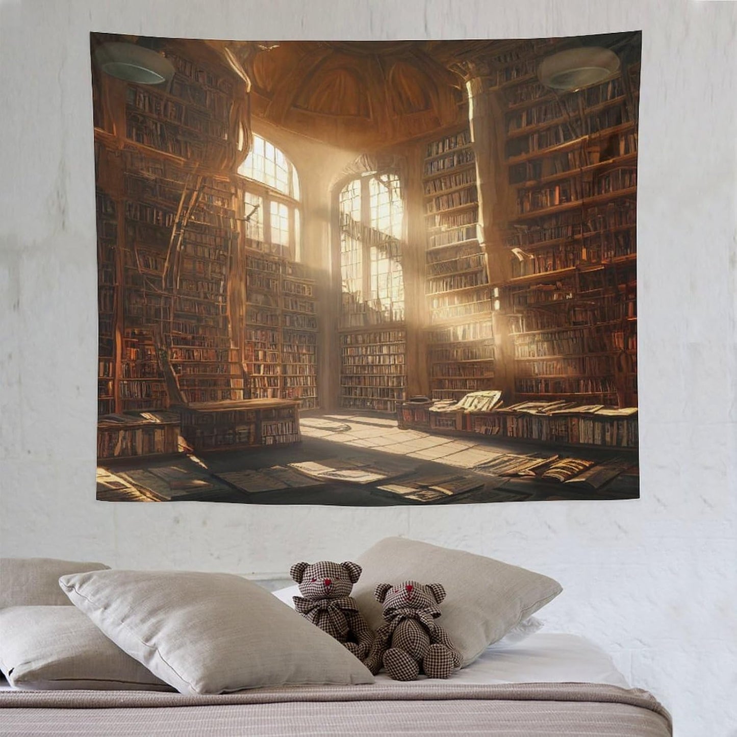 Kurtect Retro Bookshelf Tapestry,Medieval Mid Century Library Building Pattern Print Tapestries for Party Beach Picnic Blankets Tablecloths Living Room Wall Deocr, 50x60 in