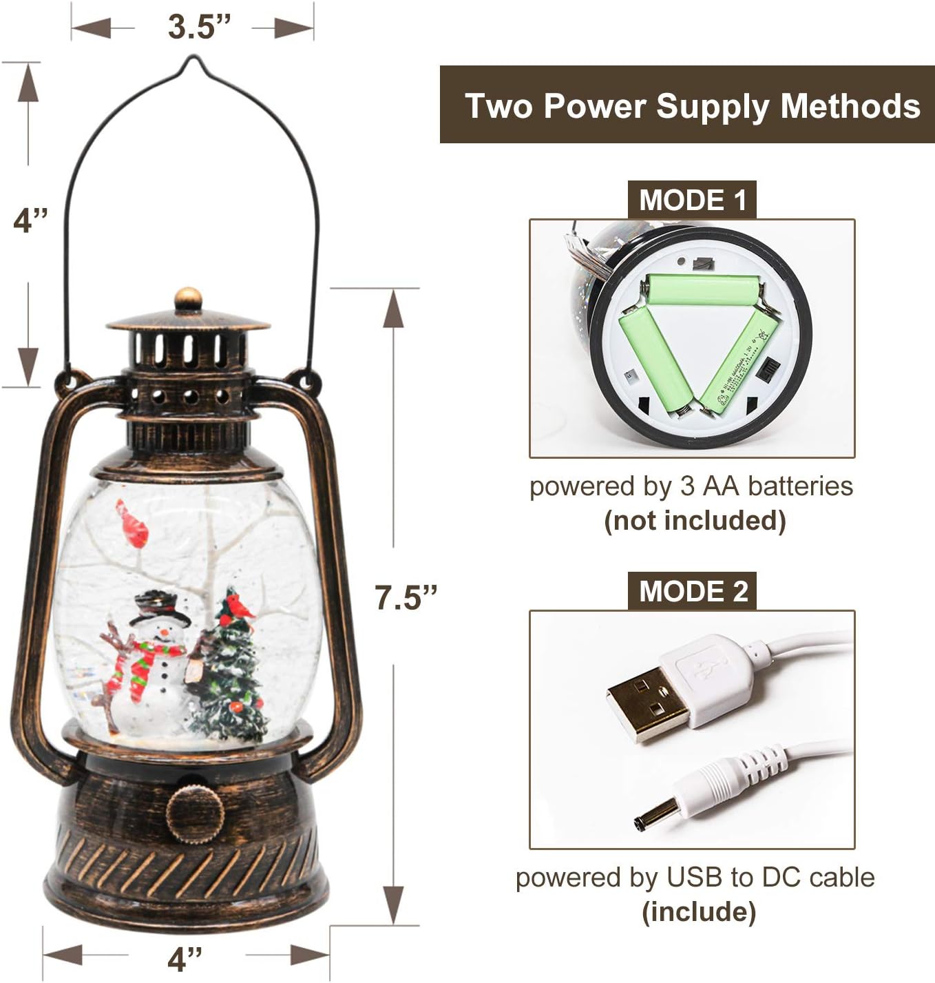 Christmas Snow Globe Lantern with Swirling Glitter and Battery & USB Powered Light 6H Timer for Christmas Home Decoration and Gift (Christmas Tree and Snowman)