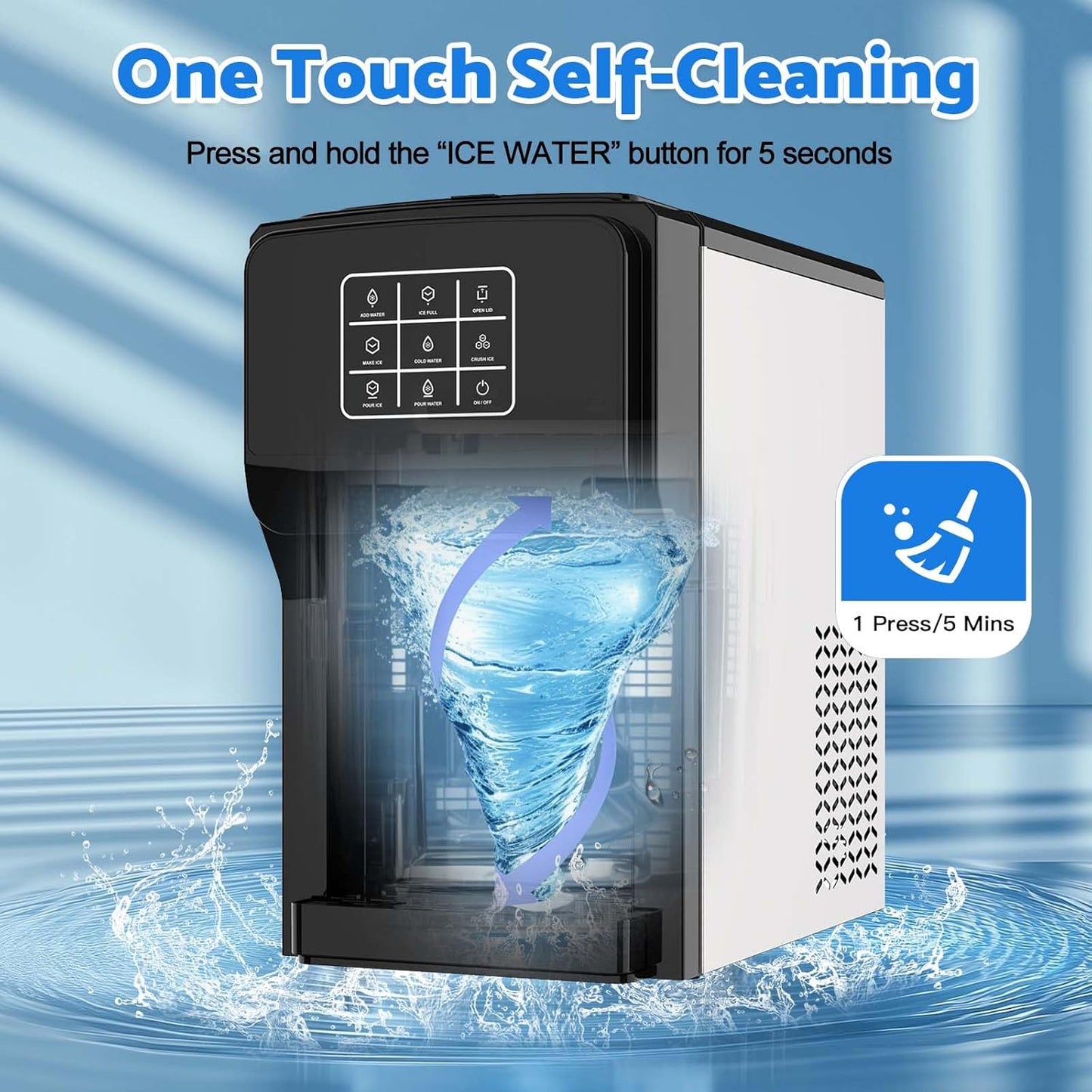 3 in 1 Water Dispenser with Ice Maker, Ice Maker Countertop, Bullet Ice, Crushed Ice, Water Cooler, 44Lbs/24H, 12 Ice/6Min, Self-Cleaning, 4Lbs Ice Storage, Home/Kitchen/Party/RV (Touchscreen)