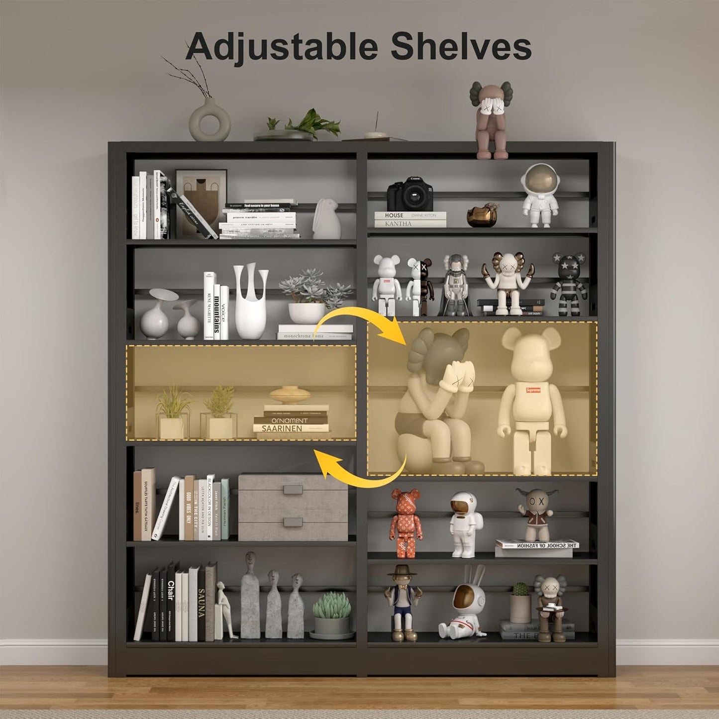 5-Tier Industrial Bookshelf, White Bookcases and Bookshelves,Tall Metal Book Shelf Storage Organizer,Freestanding Bookshelf for Living Room,Home Office (Black, Shelf-4)