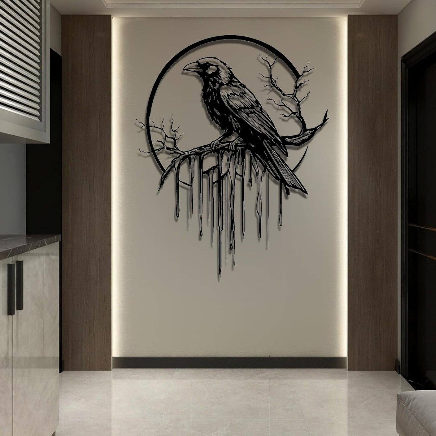 Crow Metal Wall Decor, Raven Wall Art, Large Gothic Raven Decor Hangings, Bird Wall Decor, Metal Tree Branch Decor, Ravens Sign, Raven Art for Living Room (Gold, 47"x38" | 120x96cm, metal wall art)