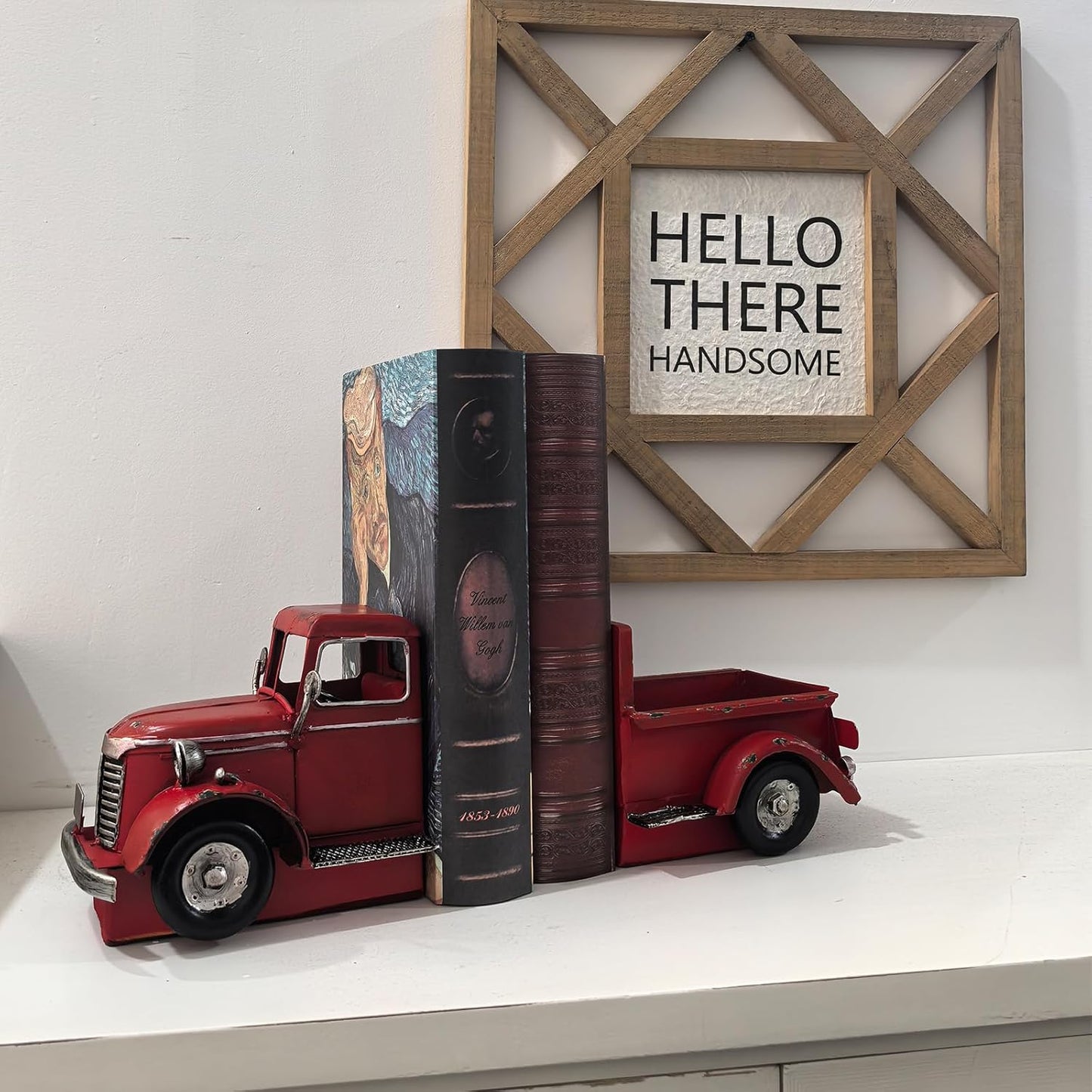 Decorative Book Ends Vintage Bookends: Metal Truck Book Stopper for Heavy Books - Farmhouse Decor for Shelf Table Coffee Bar Office Home - Gift for Adults Men Teen (Vintage Red)