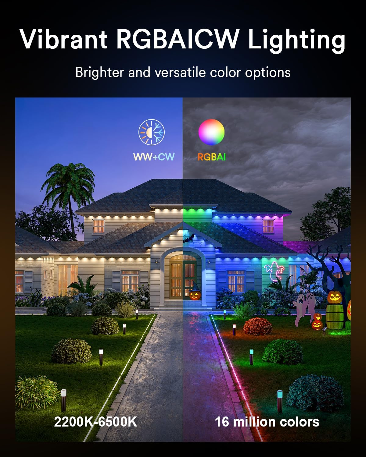 Lumary Permanent Outdoor Lights Max 53ft with 40 LED Eave Lights RGBAICW 2400LM, IP67 Waterproof, IC Control and Scene Modes for Halloween Christmas Decoration, Works with Alexa and Google Assistant