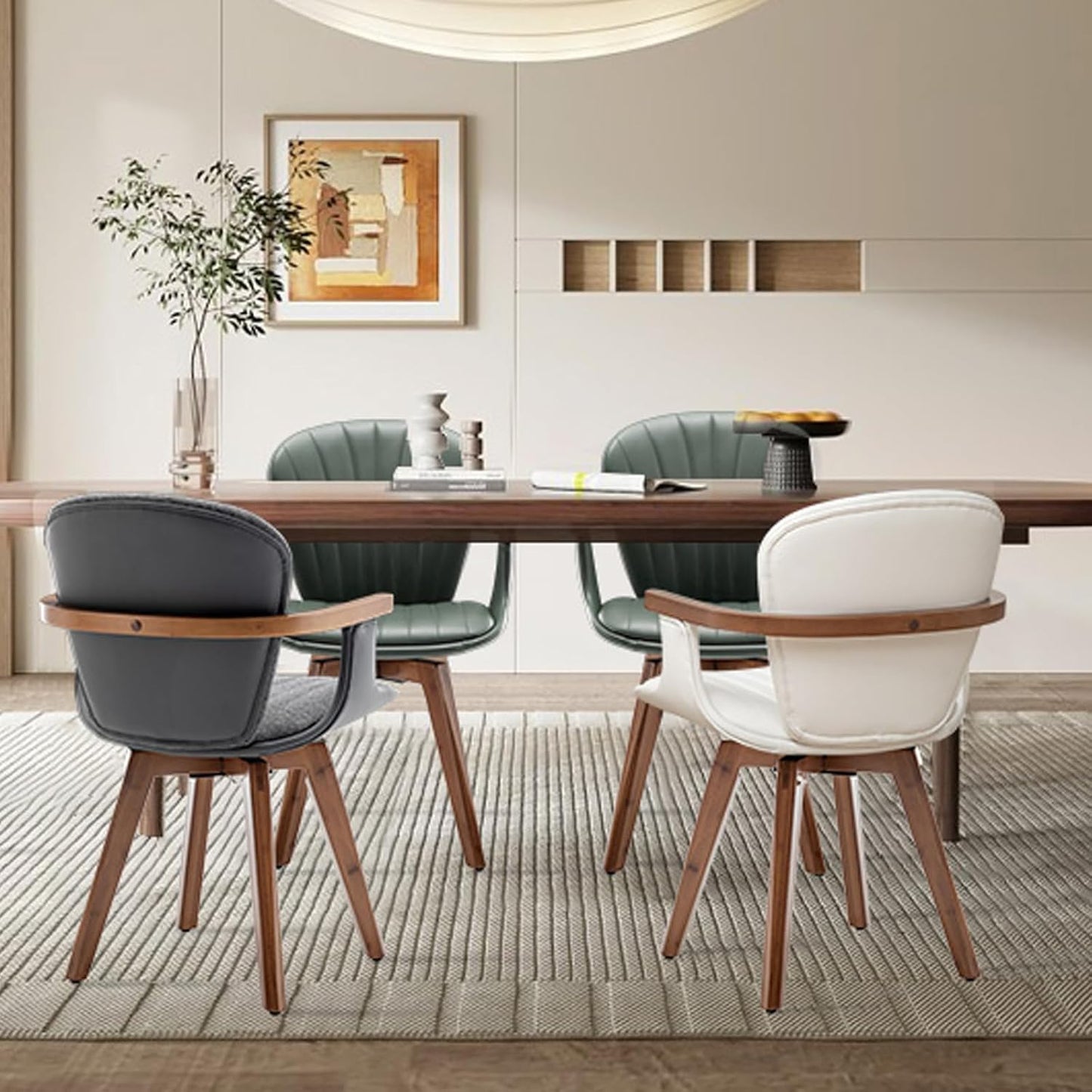 LUNLING Swivel Dining Chairs, Mid Century Modern Green Faux Leather Kitchen Chairs with Arms,Bamboo Legs Side Chairs No Wheels,Accent Chair for Dining Rooms and Offices,1PCS