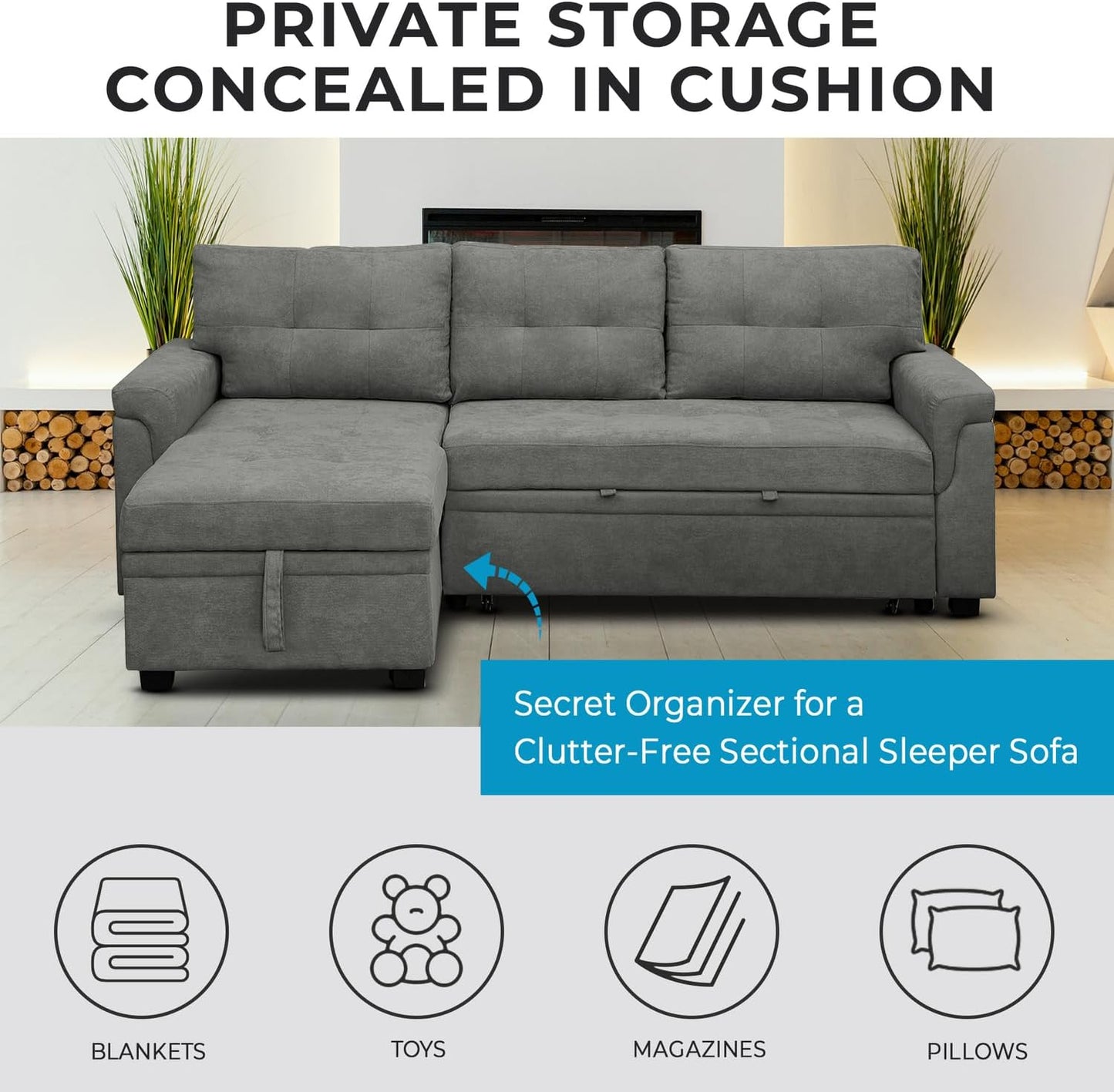 Naomi Home L-Shaped Reversible Sectional Sofa with Pull-Out Sleeper Bed and Storage Chaise, Gray Velvet