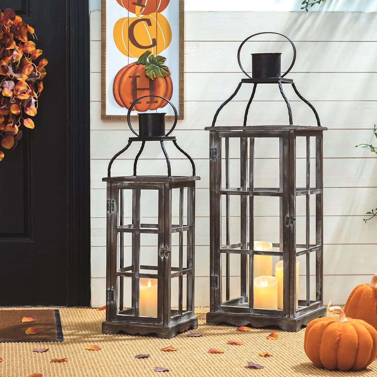 Glitzhome Farmhouse Oversized Wood Metal Lanterns Decorative Hanging Candle Lanterns Set of 2, Black (No Glass)