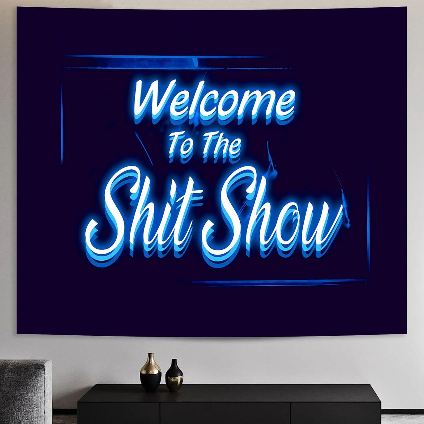 Welcome to the Shitshow Tapestry Blue Dorm Room Decor for Bedroom Wall Hanging Vintage 3D Word Art Flag Wall Tapestry for Living Room Dorm Party Decor (51 X 60 Inches)