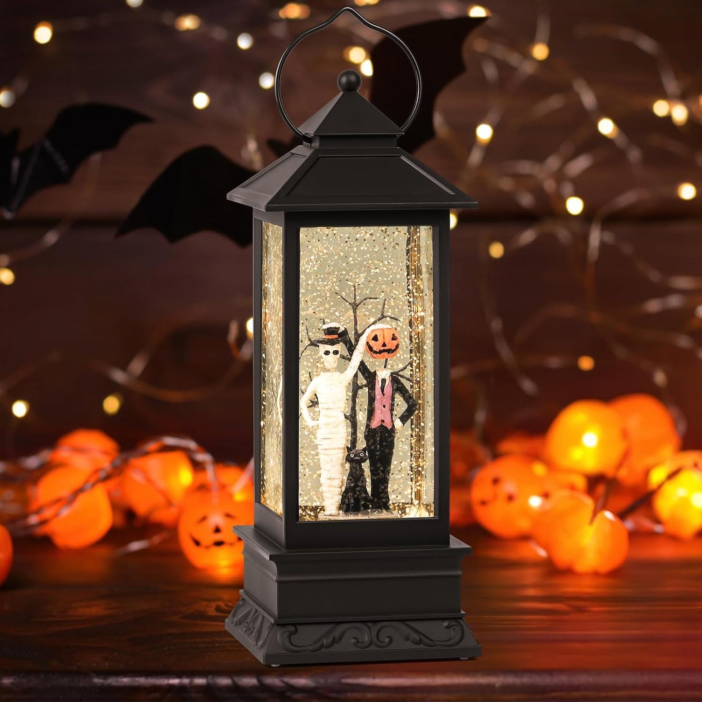 Halloween Snow Globes, Skull and Black Cat Scene Snow Globes, Glittering Lantern with Timer, Snow Globe Lantern USB or Battery Powered for Halloween Decor