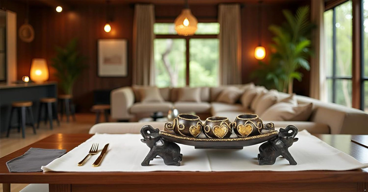 Thai Elephant Tray Carved Rain Tree Wooden Candle Holder