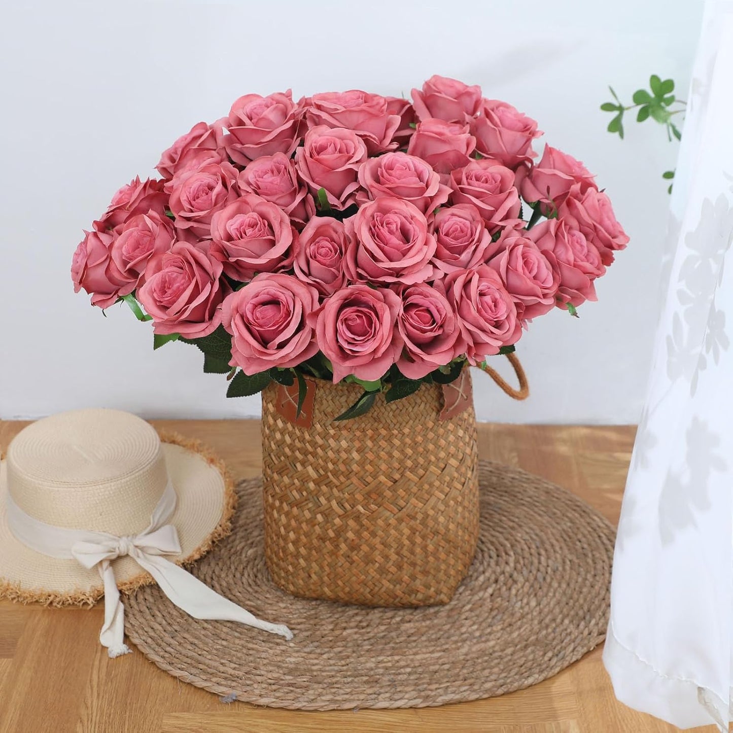 Pink Fake Roses Artificial Flowers - 16 Pcs Fake Artificial Roses Silk Flowers with Stems for Home Wedding Hotel Office Centerpiece Decor(Coral Pink)