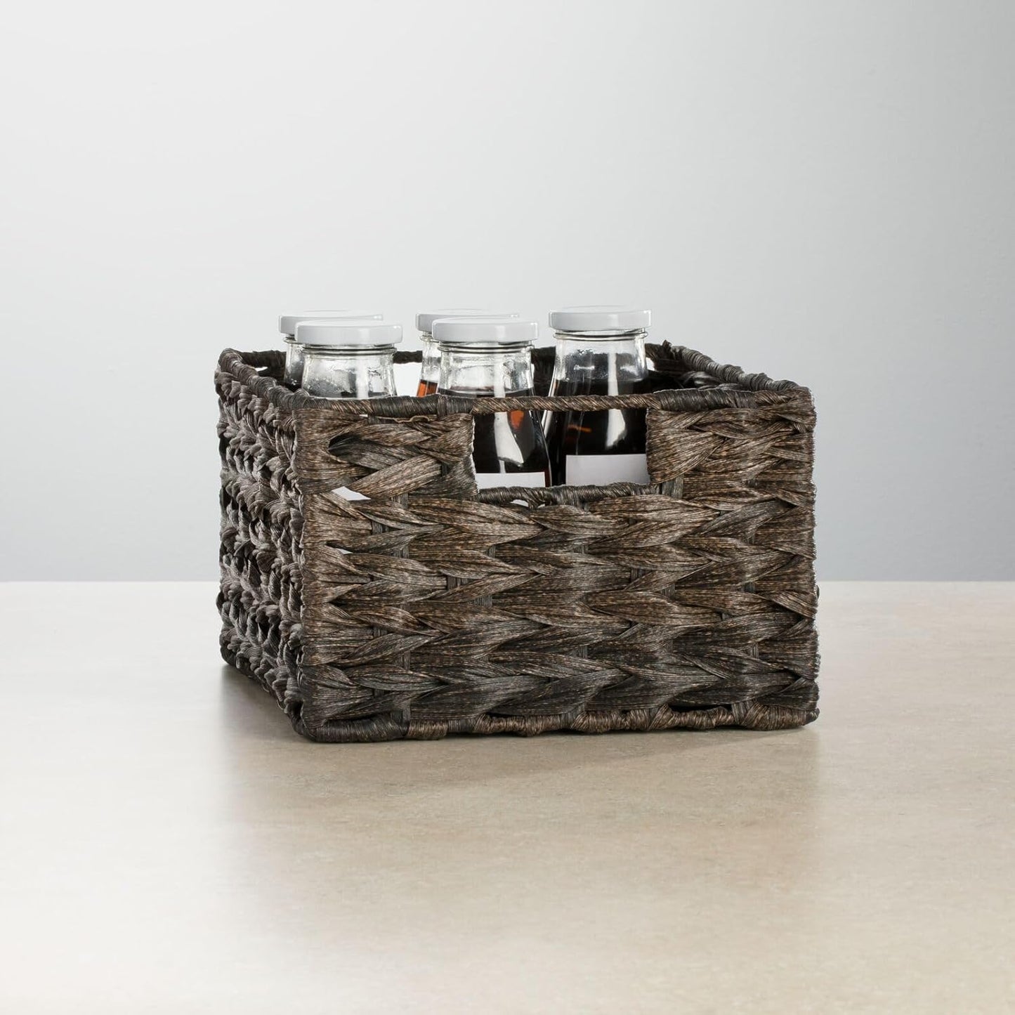 mDesign Woven Farmhouse Kitchen Pantry Food Storage Organizer Basket Bin Box, Container Organization for Cabinets, Cupboards, Shelves, Counter - Store Potatoes, Onions, Fruit, 3 Pack, Espresso Brown