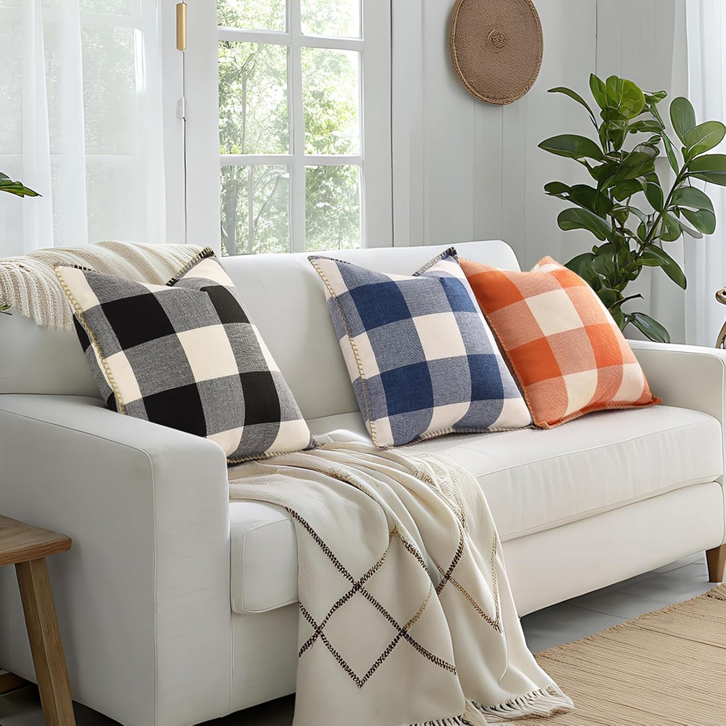 decorUhome Buffalo Plaid Check Throw Pillow Covers 18x18 Set of 2, Outdoor Decorative Farmhouse Neutral Pillow Covers with Stitched Edge for Bed Couch Sofa, Navy Blue and White