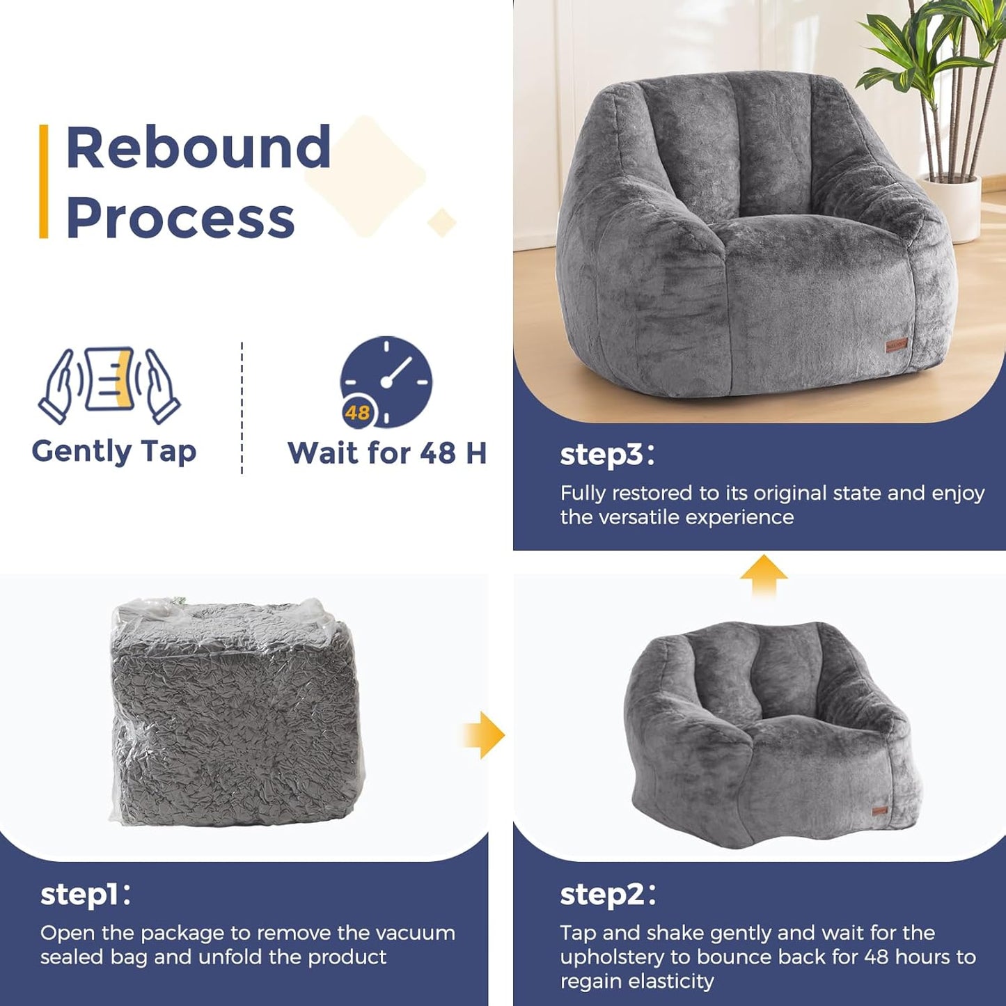 MAXYOYO Bean Bag Chair, Comfy Bean Bag Sofa with Back Support, Faux Fur Bean Bag Chair for Adults and Kids, Stuffed Floor Sofa for Living Room, Bedroom, Apartment, Grey