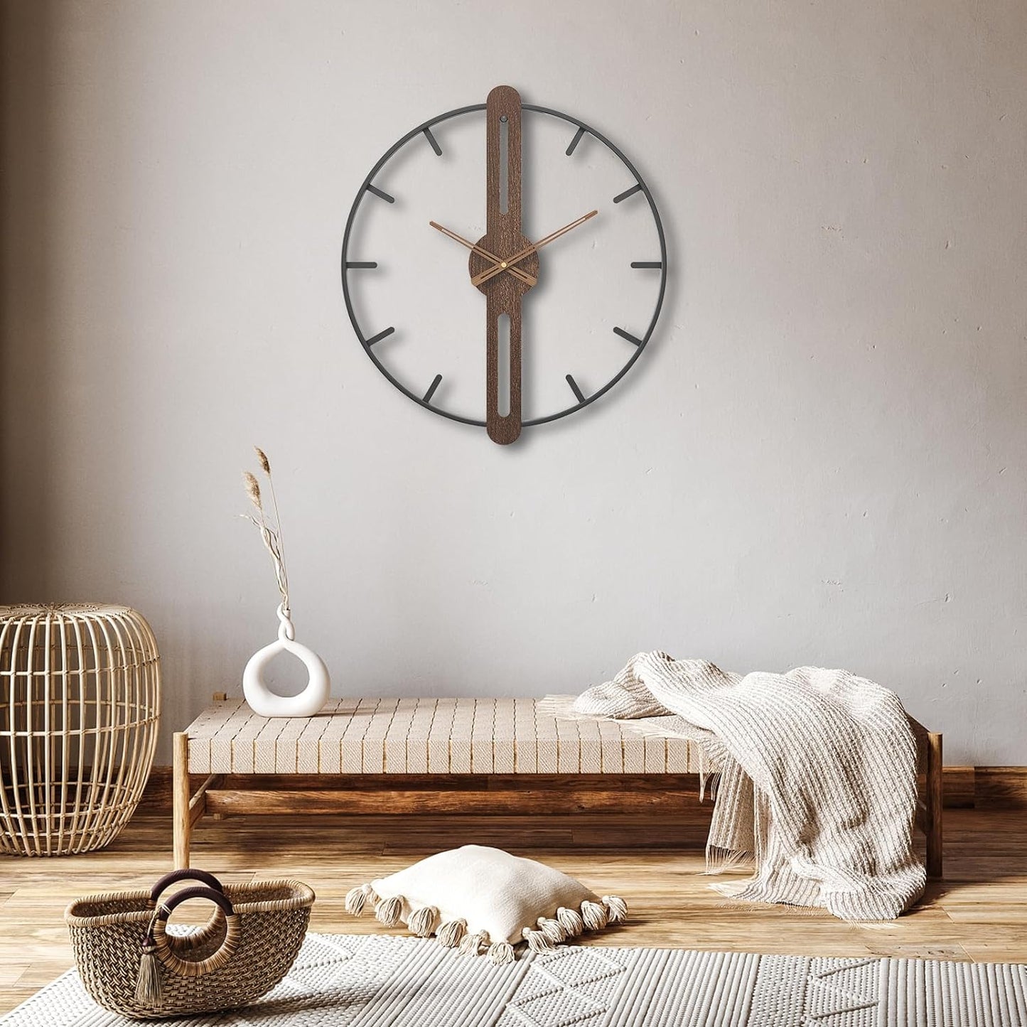 Modern Walnut Dial Wall Clock, Wood Large Wall Clock Decor Metal Frame Silent Non Ticking for Living Room, Bedroom, Kitchen, Study Decoration, Handmade Home Present Idea, 20 in (50 cm)