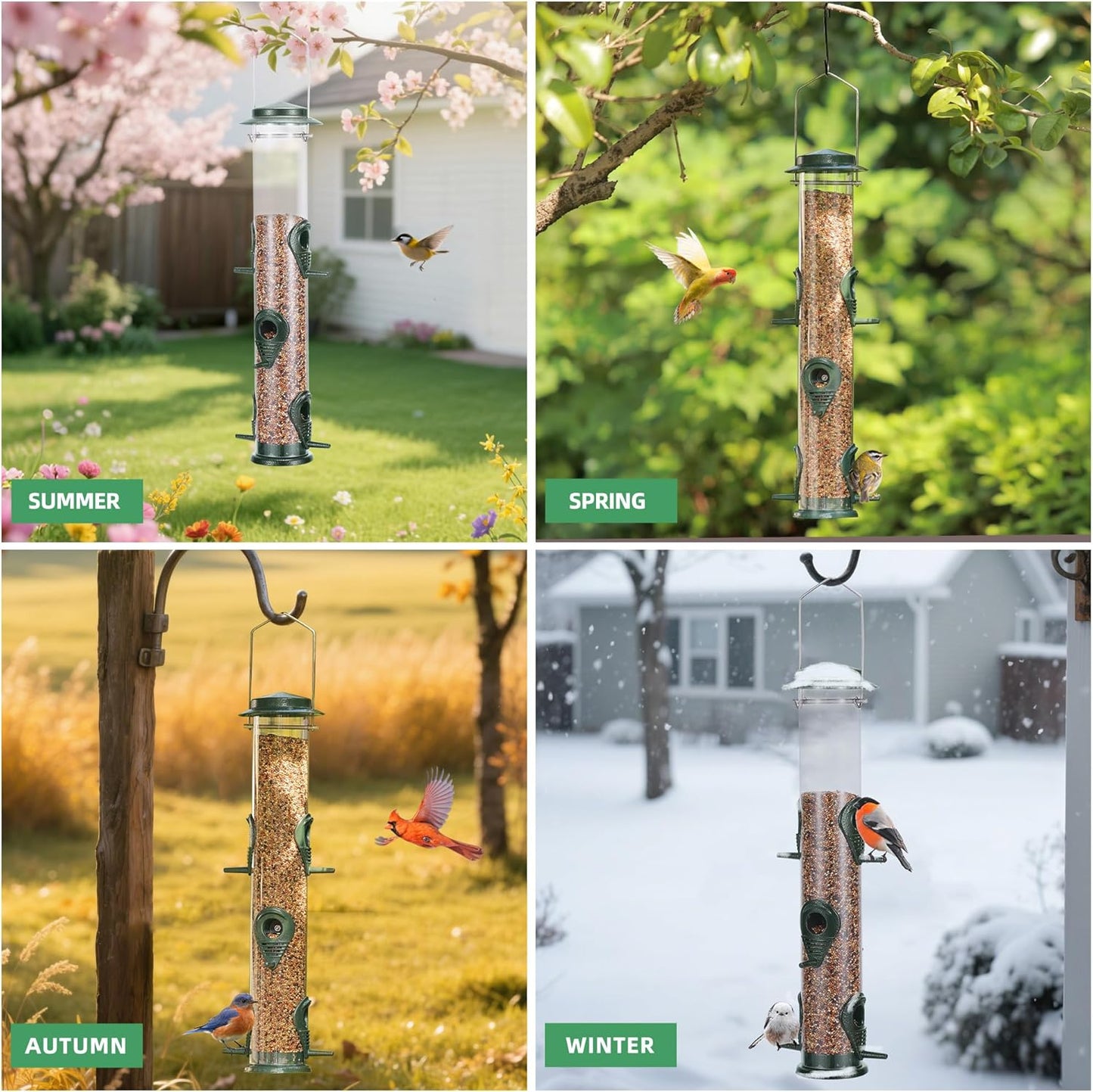 MIXXIDEA 1PK Metal Bird Feeders with 6 Feeding Ports,Tube Bird Feeder with Steel Hanger,Hard Plastic Wild Bird Feeder for Outdoors Hanging, Attracting Birds in Your Lawn, Garden, Balcony–Green