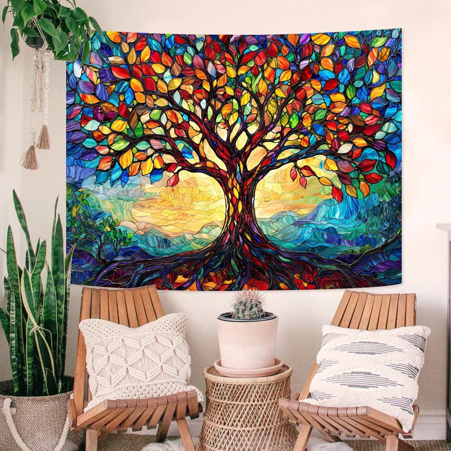 Lunerfex Tree of Life Tapestry Stained Glass Tapestry Wall Decor Tapestries for Bedroom Art Tapestries Wall Hanging for Bedroom Living Room Glass-Tree-01 60"x80"