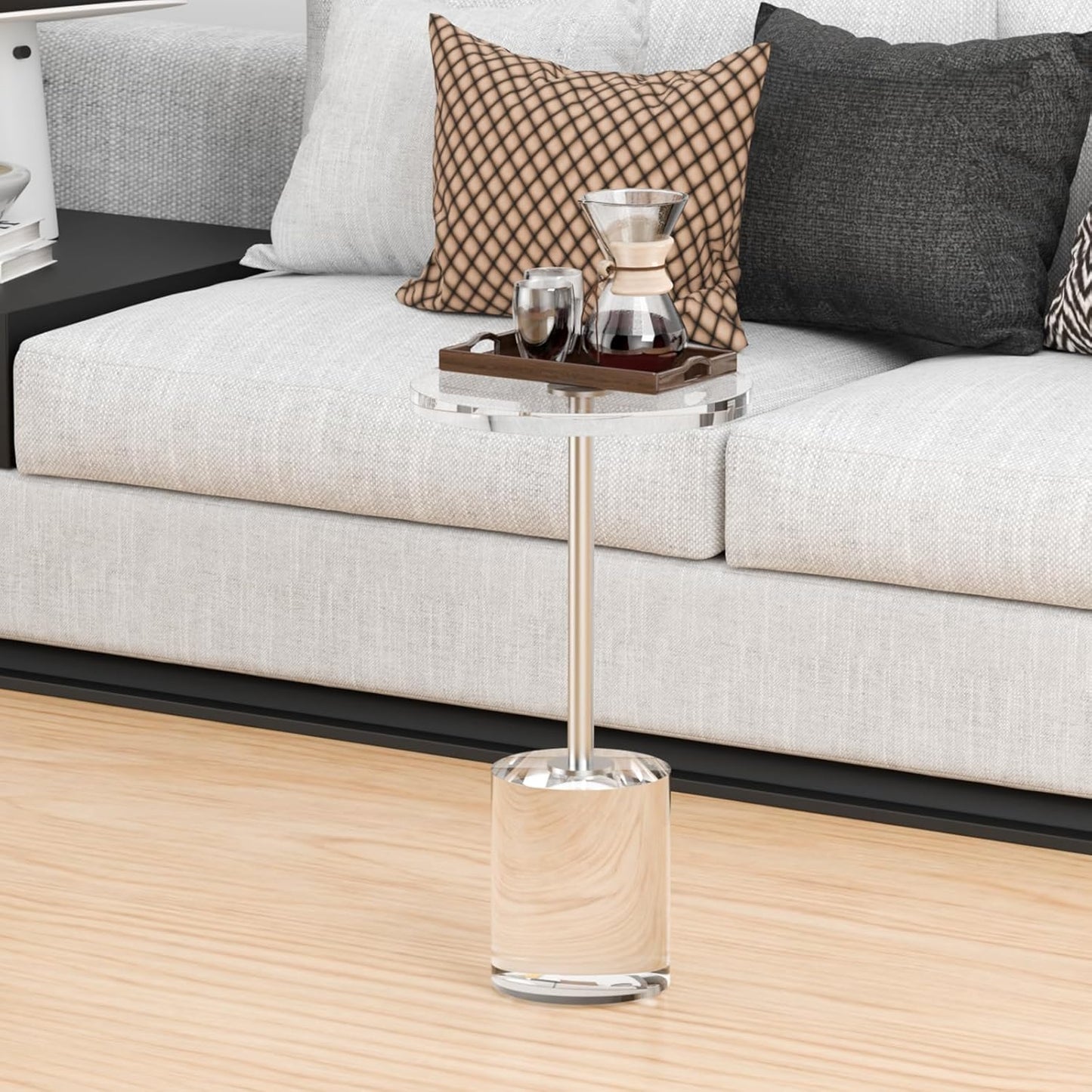 Acrylic End Table, Modern Minimalist Acrylic Side Tables, Clear Side Table for Living Room, Bedroom, Office, Drink Table (12" D x 12" W x 21" H, Silver)