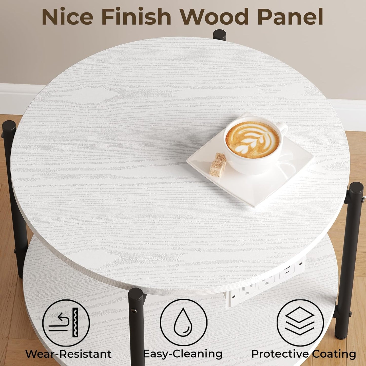 LIKIMIO Side Table, 23.6" W Round End Table with Charging Station, Modern Wooden Nightstand for Small Spaces, Living Room, Bedroom, White