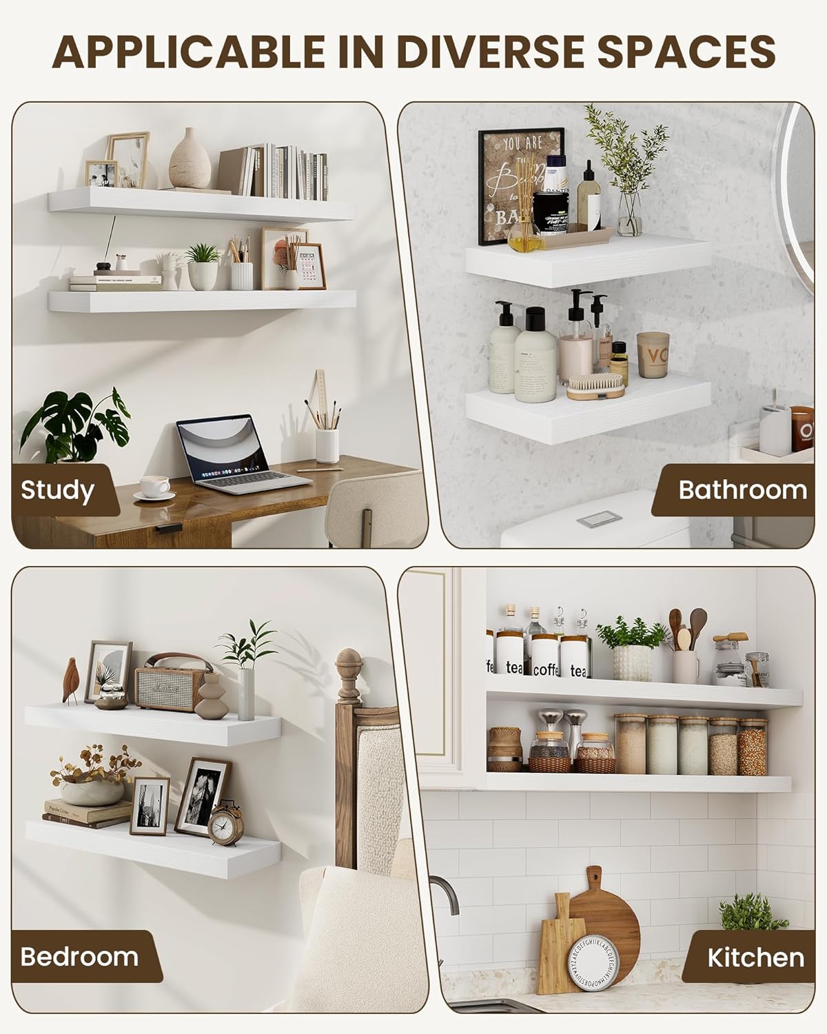 Marsmiles 36" Floating Shelves for Wall, Wooden Shelves with Invisible Brackets Set of 2, Rustic Farmhouse Wall Mounted Shelf for Kitchen Bathroom Living Room Study, White