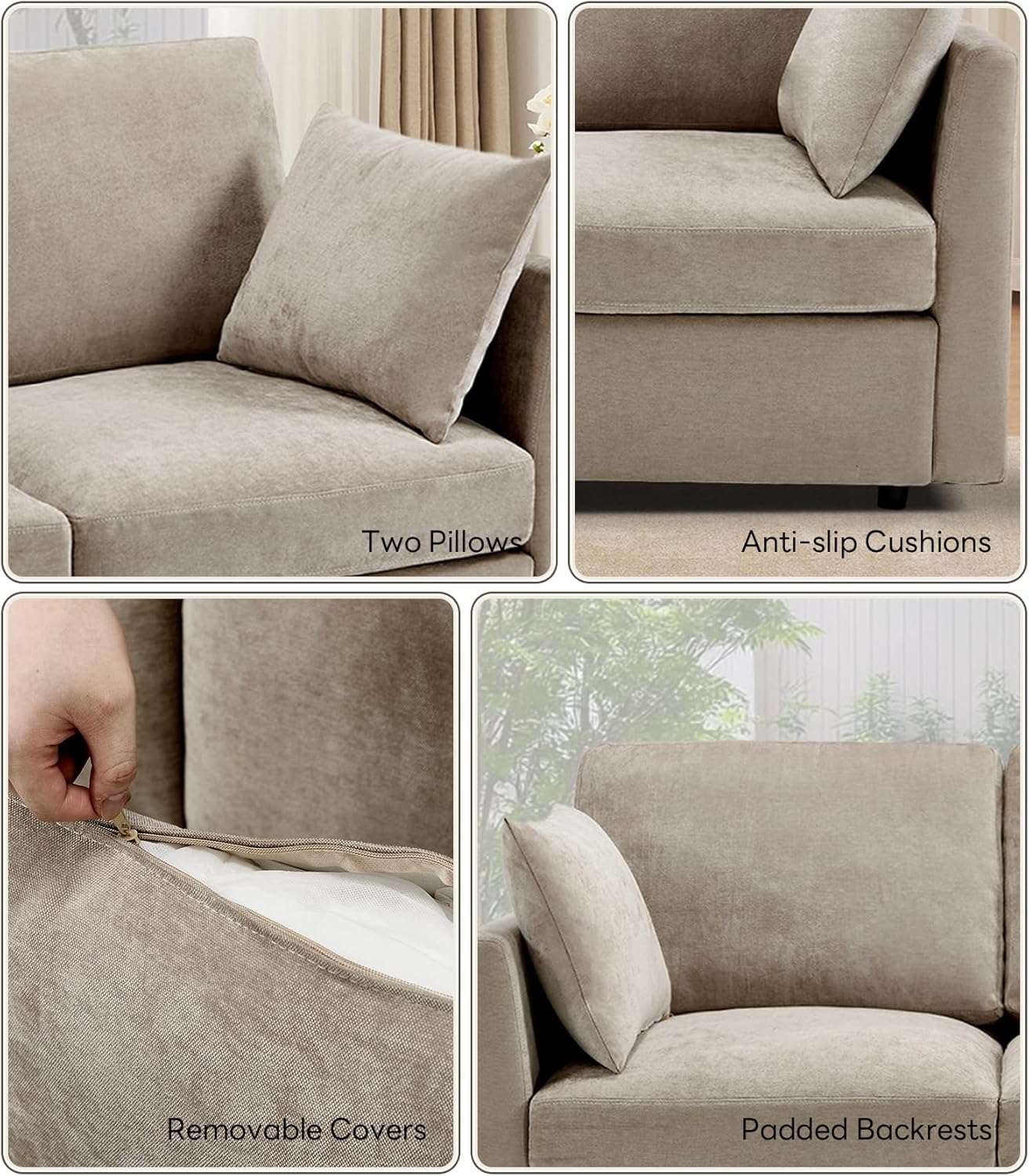 Tbfit 85" Convertible L Shaped Couch, Sectional Sofa for Living Room,Chenille Cloud Couch with Ottoman 4 Seat, Khaki