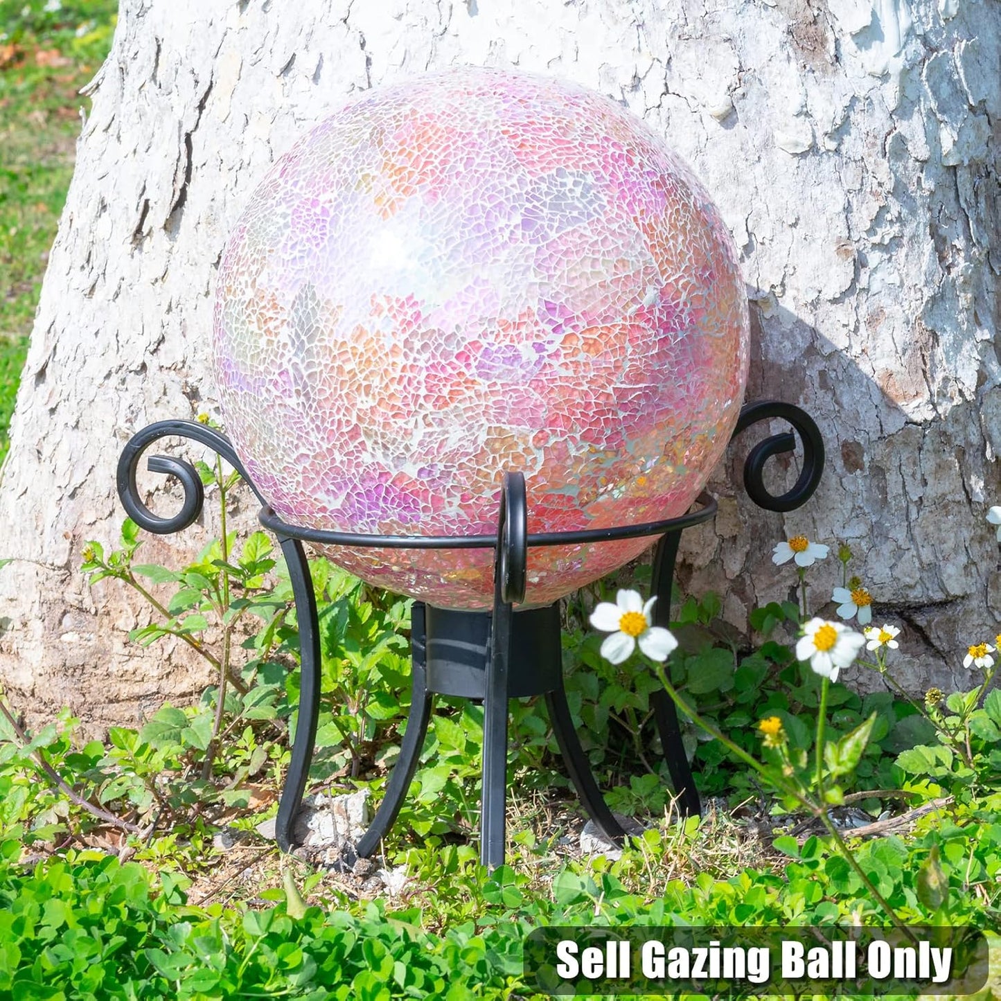 VCUTEKA Gazing Ball, Iridescent Crackled Glass Mosaic Gazing Balls Sphere for Garden Lawn Outdoor Ornament Yard Decorative, 10-Inch, Pink