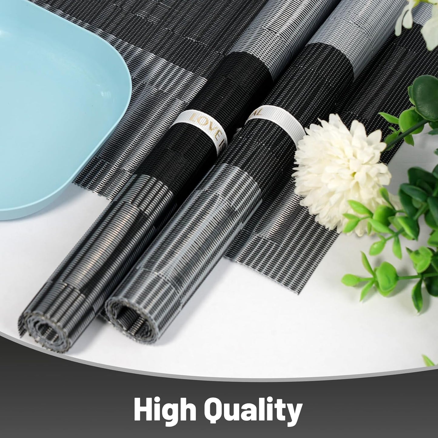 Placemats Set of 8,Non-Slip PVC Weave Table Mats Easy to Clean,Heat Resistant Place Mats for Kitchen Dining Table Decoration Indoor Outdoor,Black Gray