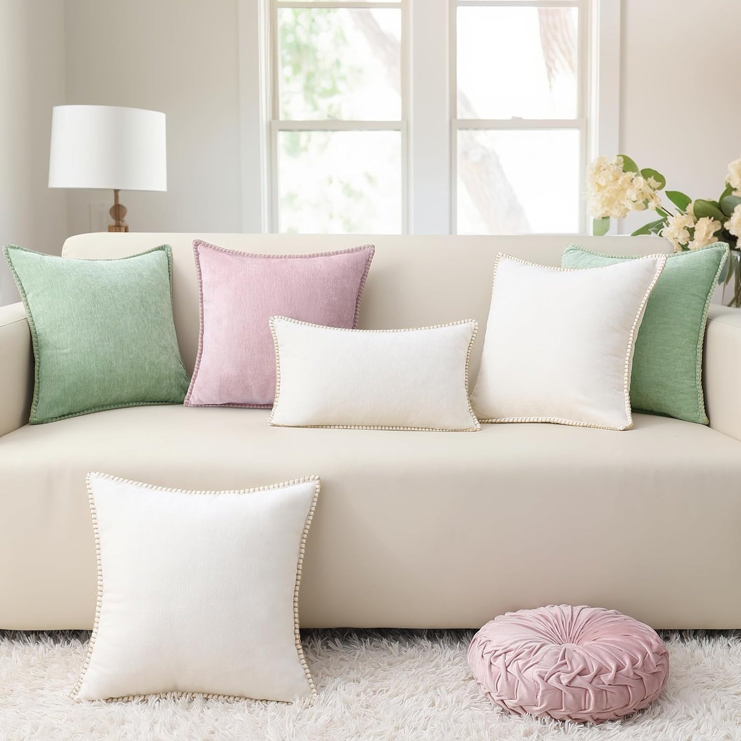 decorUhome Chenille Soft Throw Pillow Covers 18x18 Set of 2, Farmhouse Velvet Neutral Decorative Euro Pillow Covers with Stitched Edge for Couch Sofa Bed Home Decor, Sage Green