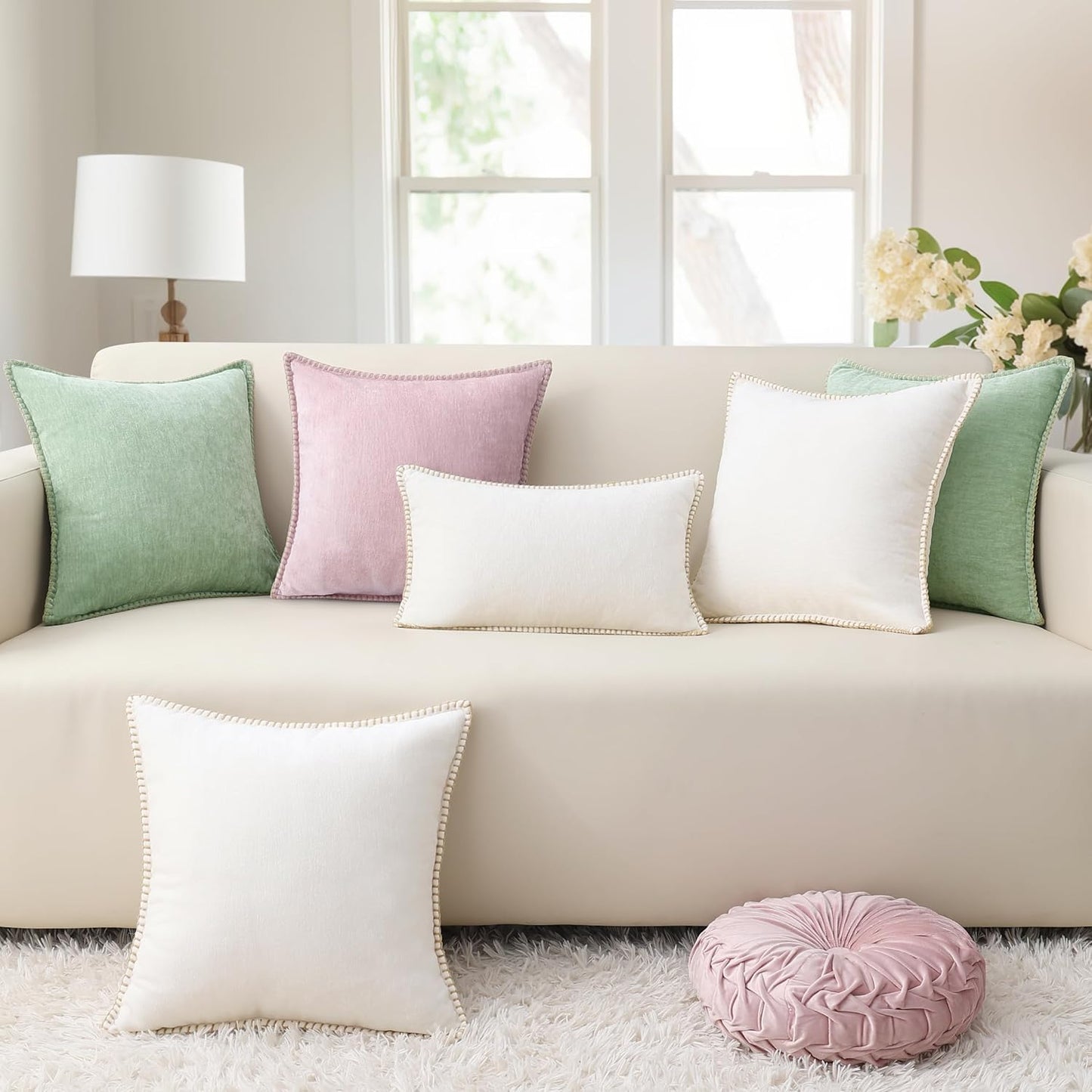 decorUhome Chenille Soft Throw Pillow Covers 16x16 Set of 2, Farmhouse Velvet Neutral Decorative Euro Pillow Covers with Stitched Edge for Couch Sofa Bed Home Decor, Sage Green