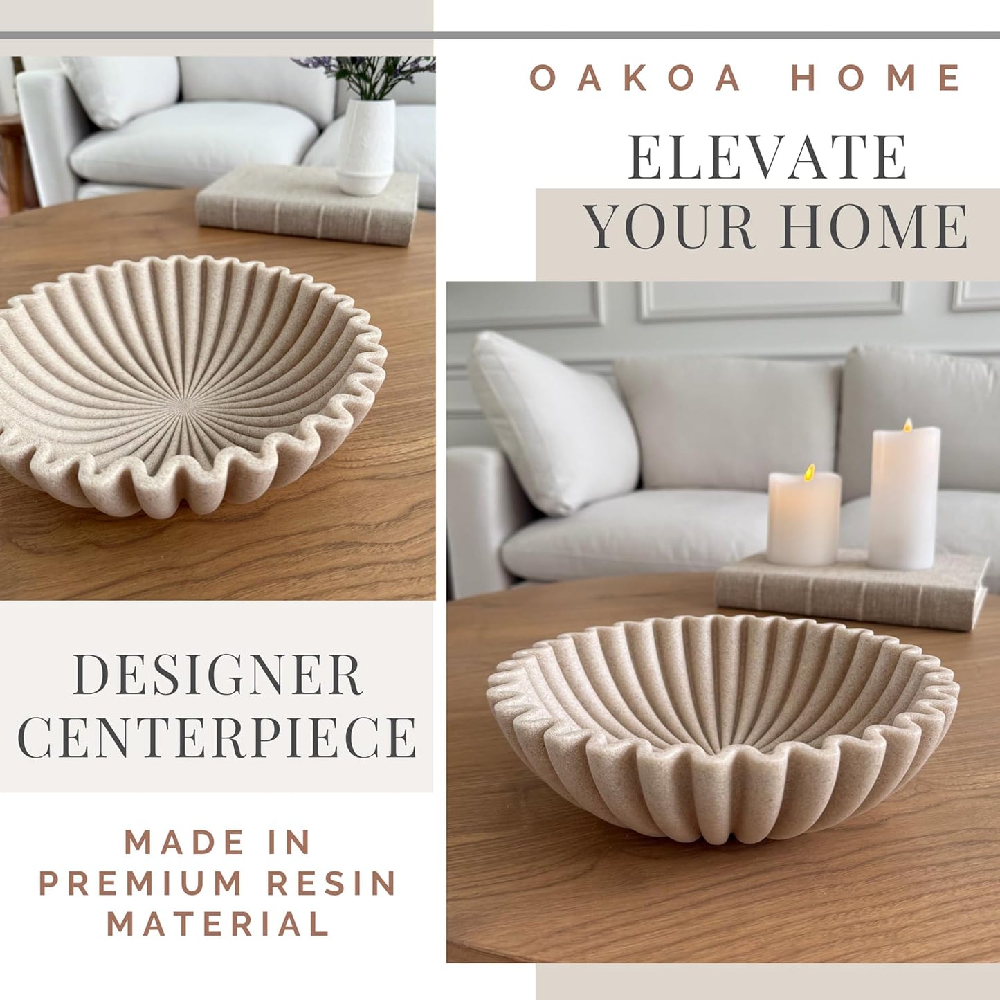 OAKOA Beige Resin Large Decorative Bowls for Home Decor - Decorative Bowl for Keys Entryway Table - Decorative Fruit Bowl Decor - Purse Bowl