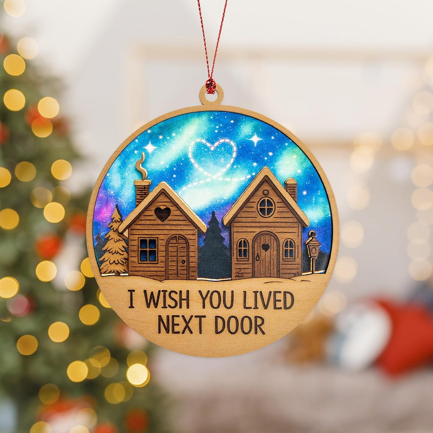 Neighbor Ornament โ I Wish You Lived Next Door | Long Distance Friendship Gift โ Across The Miles โ Rustic Cabin Card โ Christmas Holiday Dรฉcor โ Suncatcher Effect Stained Glass Window โ Car Hanging