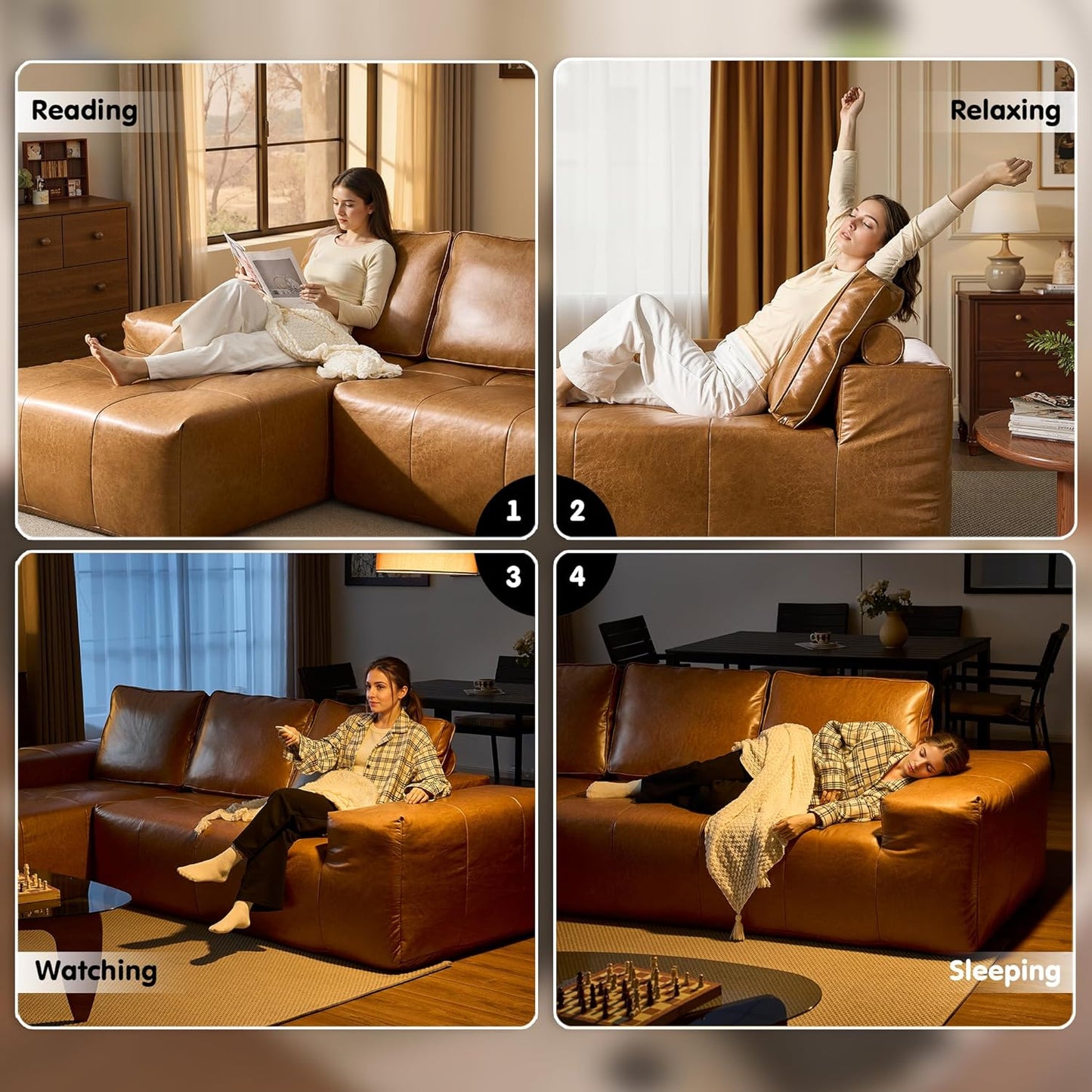 ovios Sectional Cloud Couch for Living Room, Modular Floor Sofa with Plush Corduroy, No Assembly Required, Big Comfy Couches Set with Fluffy Memory Foam, Stupendous U Shaped Sofas with Chaise, Brown