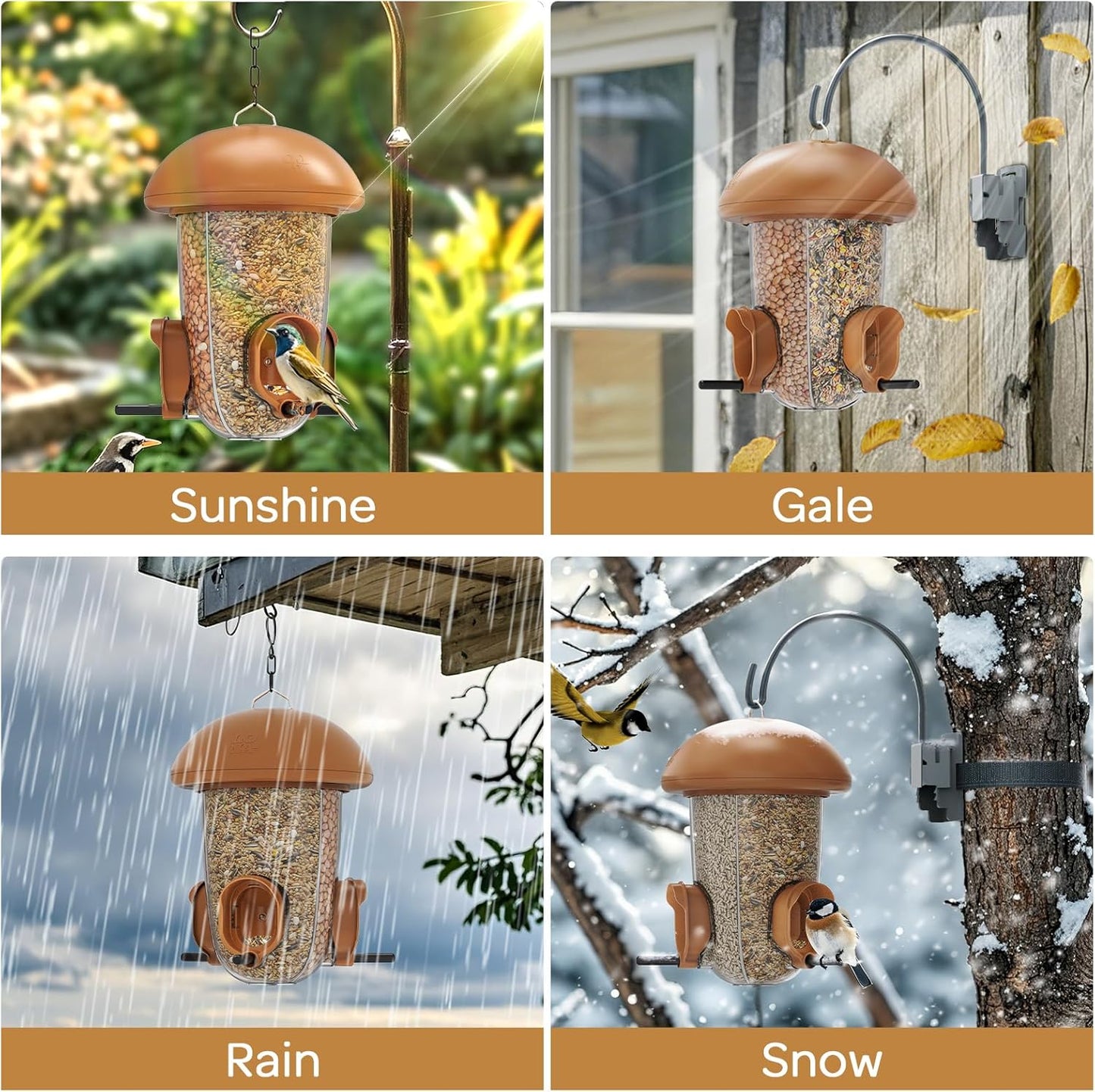 LONA Bird Feeders for Outdoors Hanging โ 3 Separate Compartments, 3 Feeding Ports, Weatherproof Dome & 3 Ways to Hang, Large Capacity for Cardinals/Finches (Brown๏ผPlus