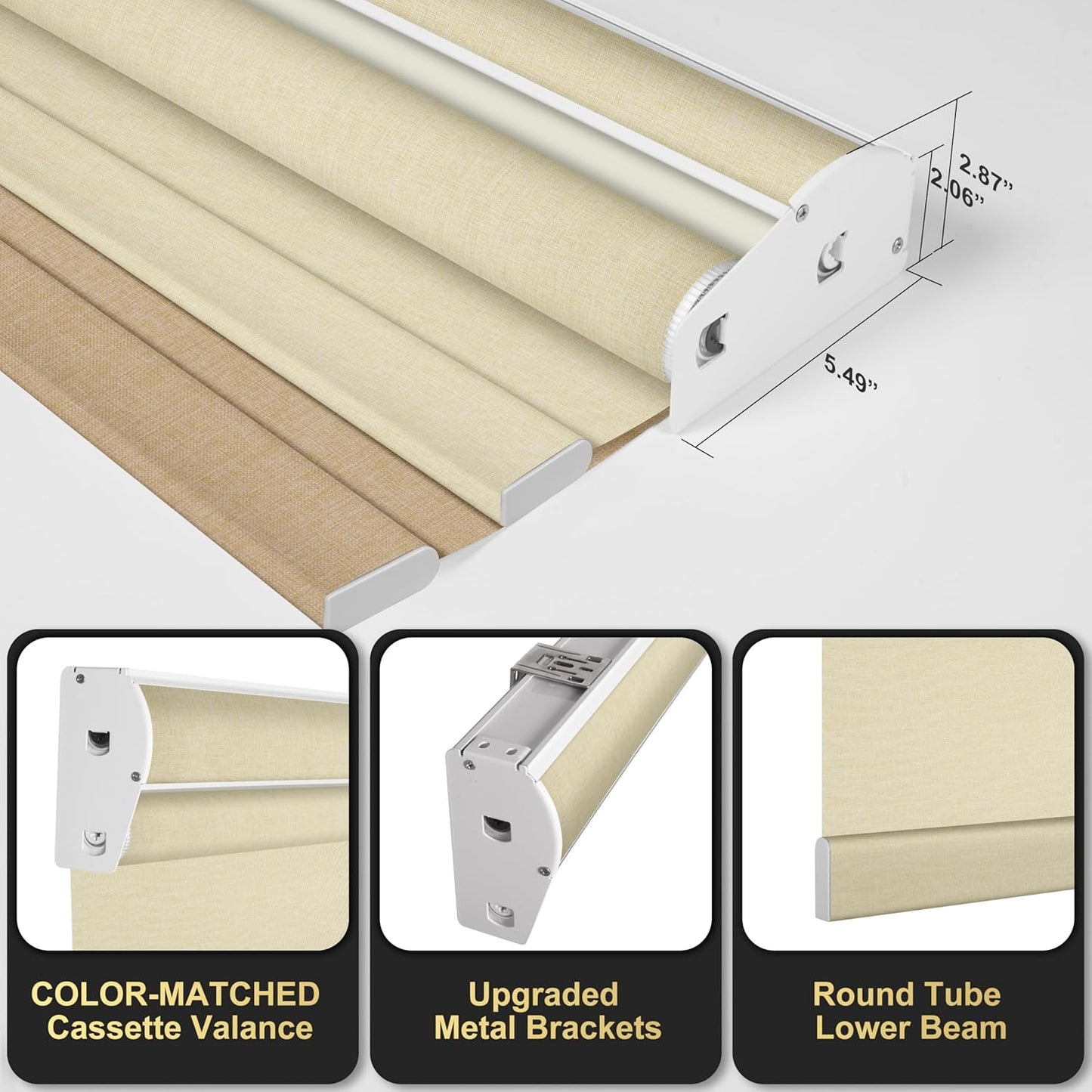 BERISSA Dual Roller Shades with Cassette Valance, Double Blackout and Light Filtering Shades, Day and Night for Home Office Door. Linen Beige. 76 W x 44" H