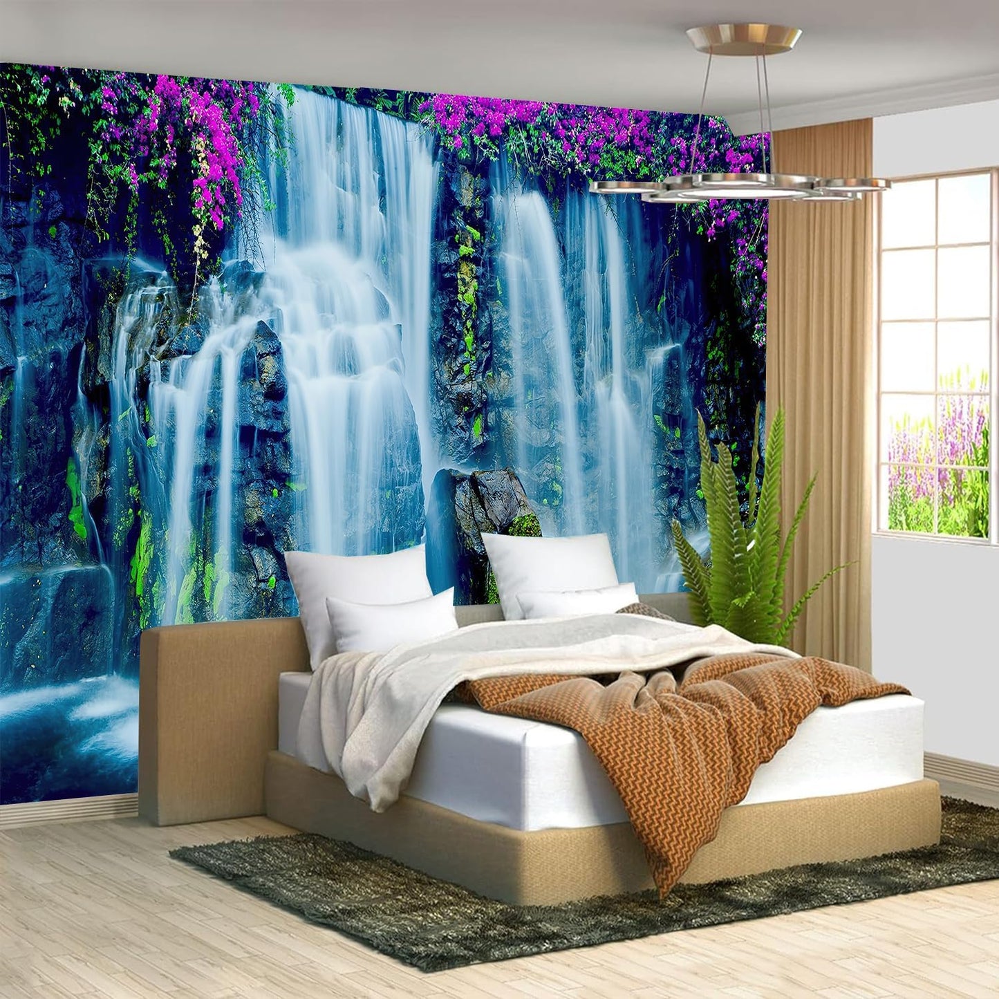 FENDROM Waterfall Tapestry Purple Forest Wild Flowers Floral Mountain Jungle Plants Nature Landscape Wall Hanging Bedroom Living Room Hanging Decorative Blanket