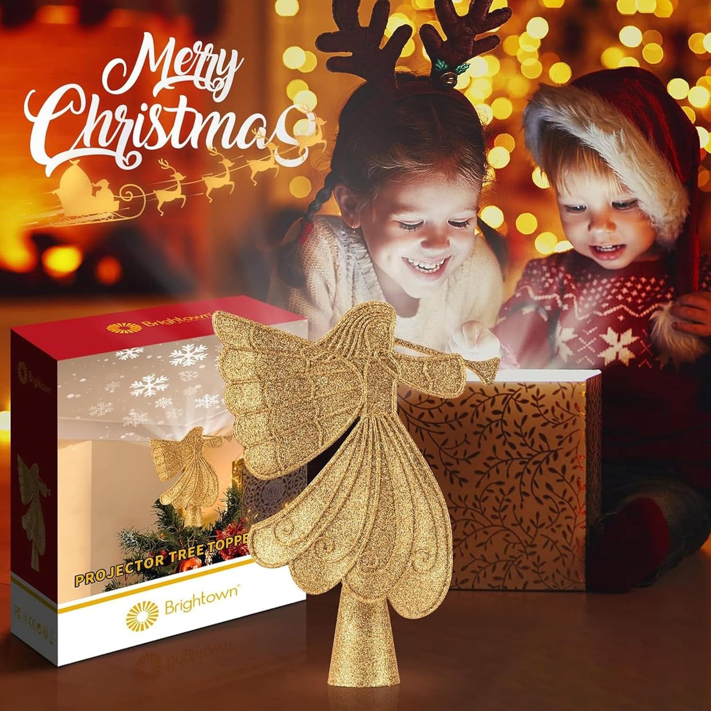 Christmas Angel Tree Topper with 6 Projection Modes, Hollowed Pentagram Tree Top with Gold Spangles Plated Plug in for Indoor Outdoor Christmas Decorations, Gold