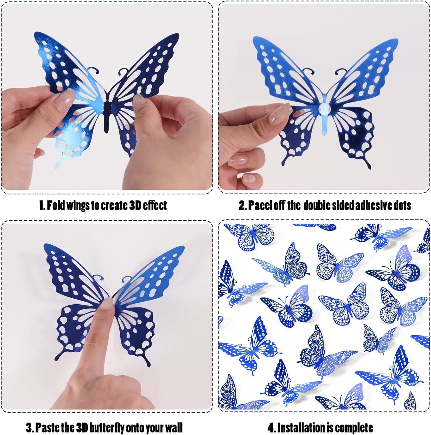 SAOROPEB Butterfly Wall Stickers, 48 Pcs 4 Styles 3 Sizes, Metallic Paper, Removable, Navy Blue, Art Deco Decor for Wall